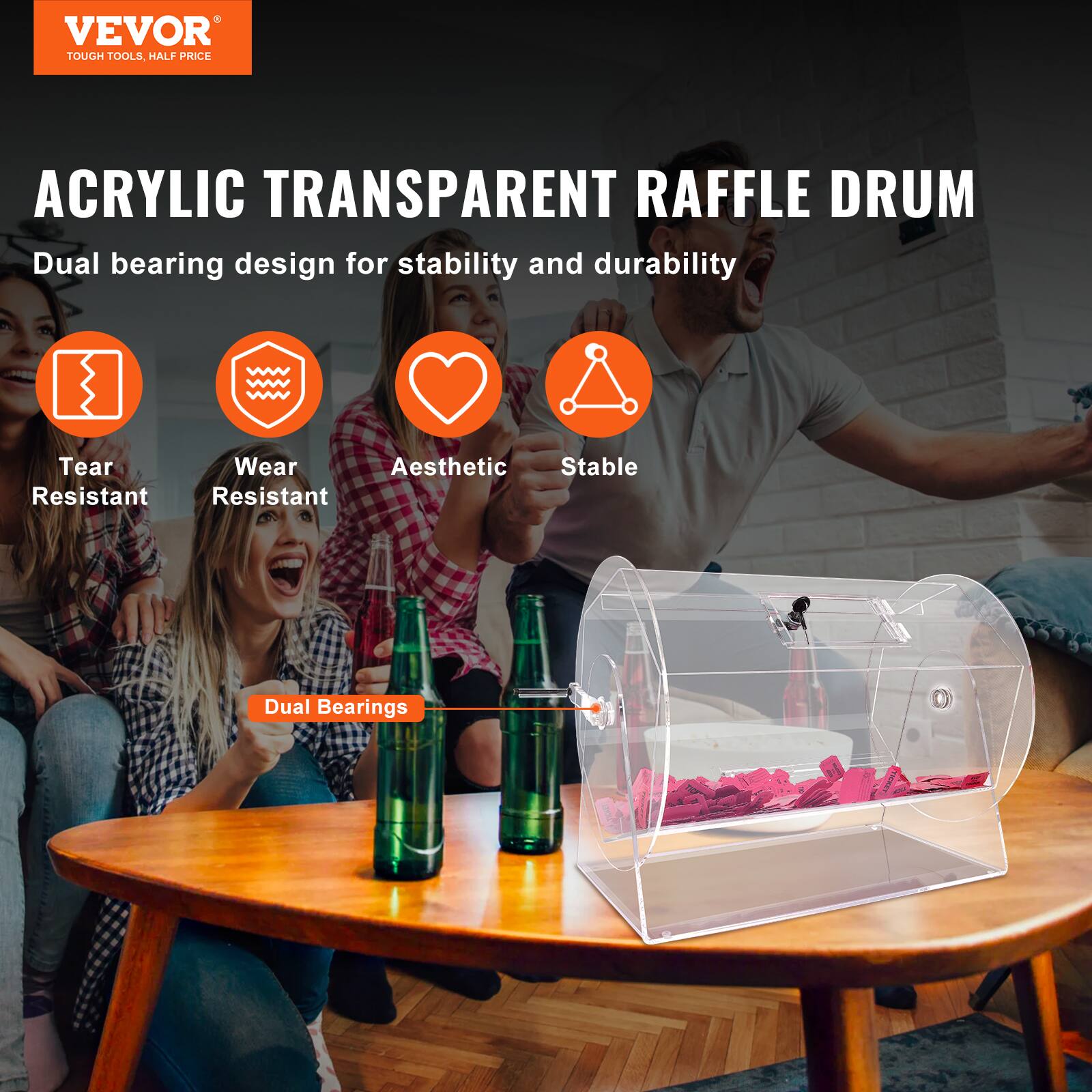 VEVOR TOUGH TOOLS HALF PRICE ACRYLIC TRANSPARENT RAFFLE DRUM

Dual bearing design for stability and durability

Tear Resistant
Wear Resistant
Aesthetic
Stable

Dual Bearings