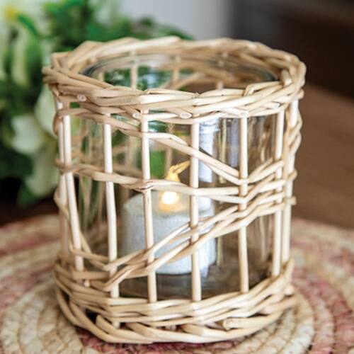 Front. BreeBe - Willow Wrapped Glass Votive Jar - 4" x 4" - Natural.