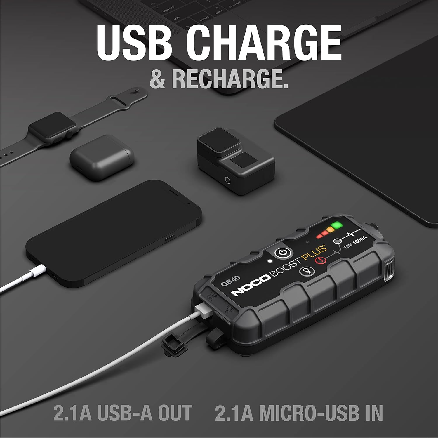 USB CHARGE & RECHARGE.

2.1A USB-A OUT
2.1A MICRO-USB IN