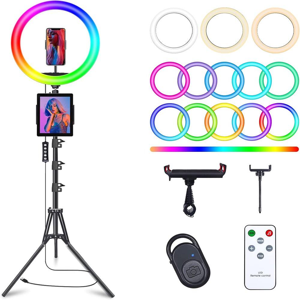 Schertz - 10" RGB Selfie Ring Light with 73" Tripod & Phone Holder, 48 Color Modes, Music Sync & 12 Brightness Levels for Makeup,