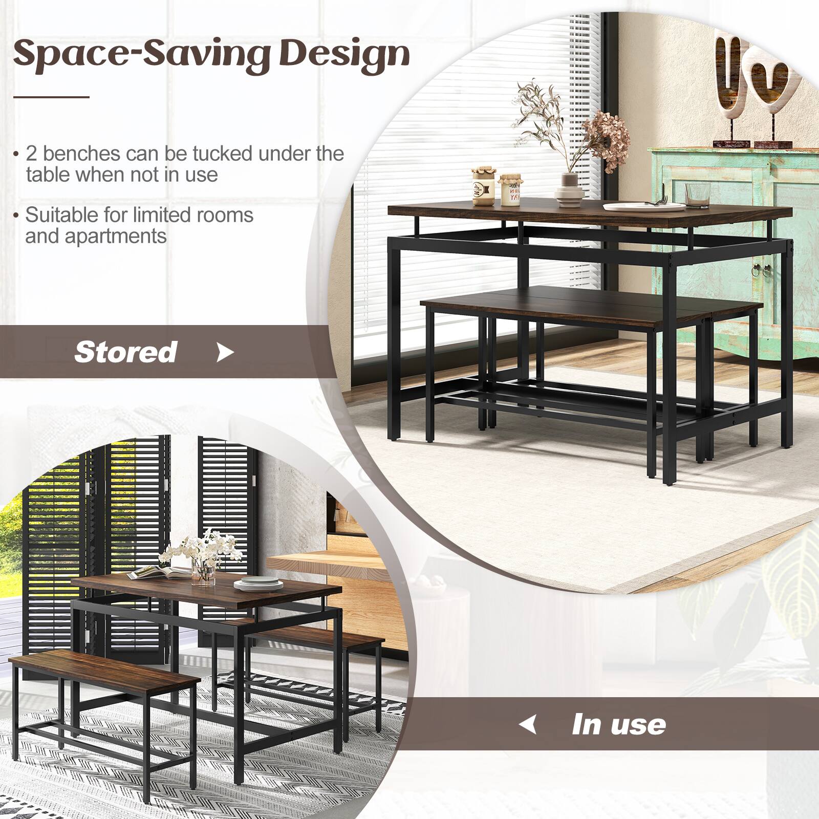 Space-Saving Design: 2 benches can be tucked under the table when not in use. Suitable for limited rooms and apartments. In use.