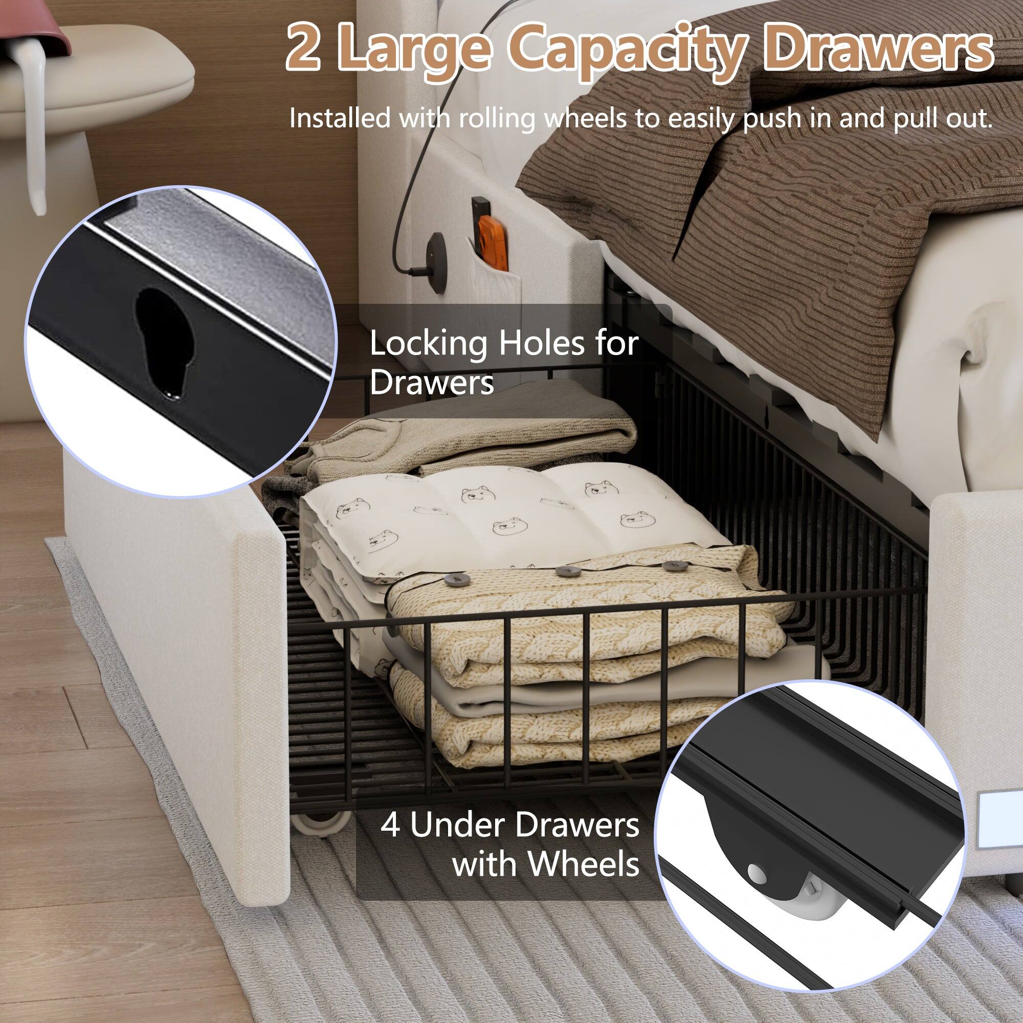 2 Large Capacity Drawers  
Installed with rolling wheels to easily push in and pull out.  

Locking Holes for Drawers  

4 Under Drawers with Wheels