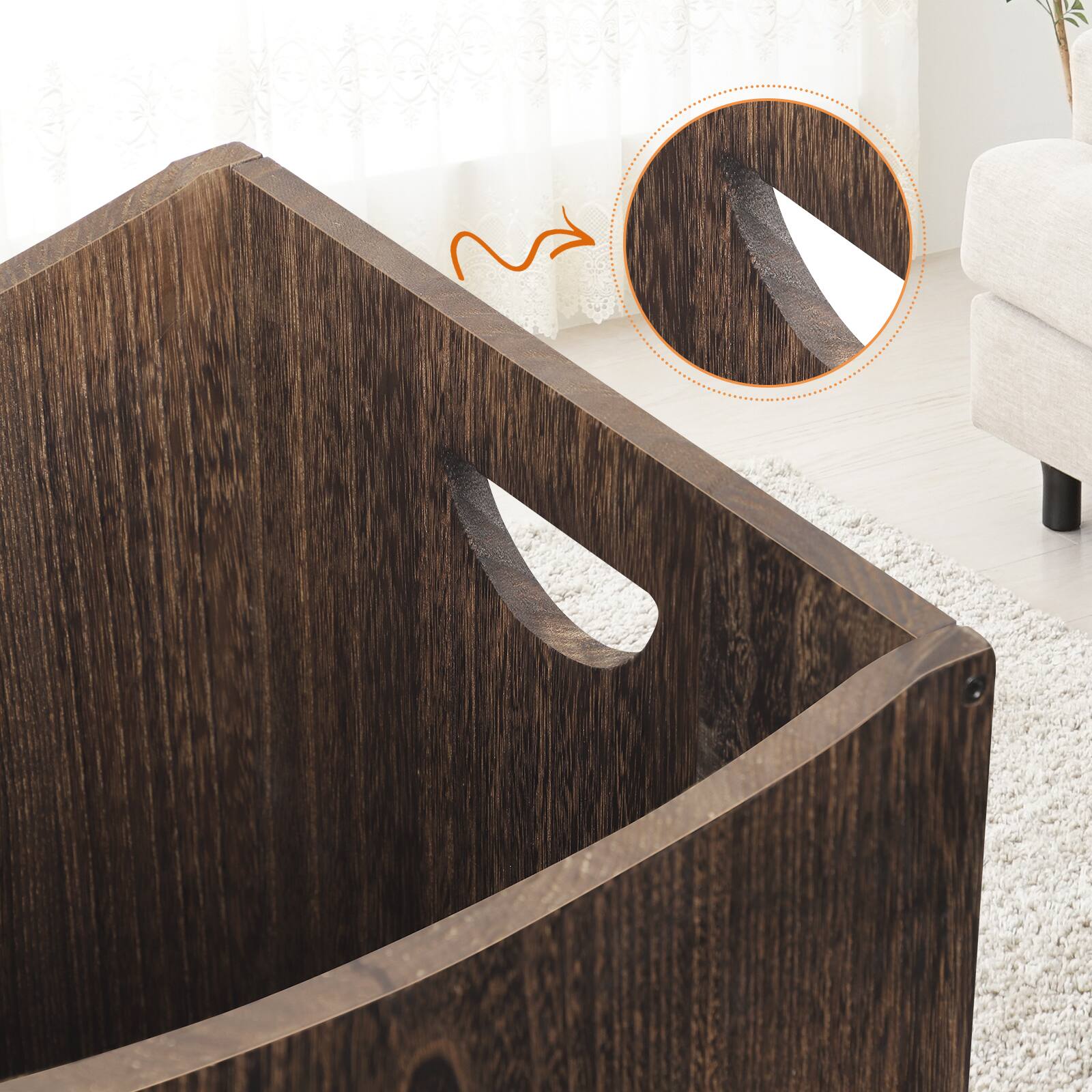 Left. Oumilen - Solid Wood Laundry Hamper – Burnt Wood Basket with Cutout Handles for Bathroom & Bedroom - Rustic Brown.