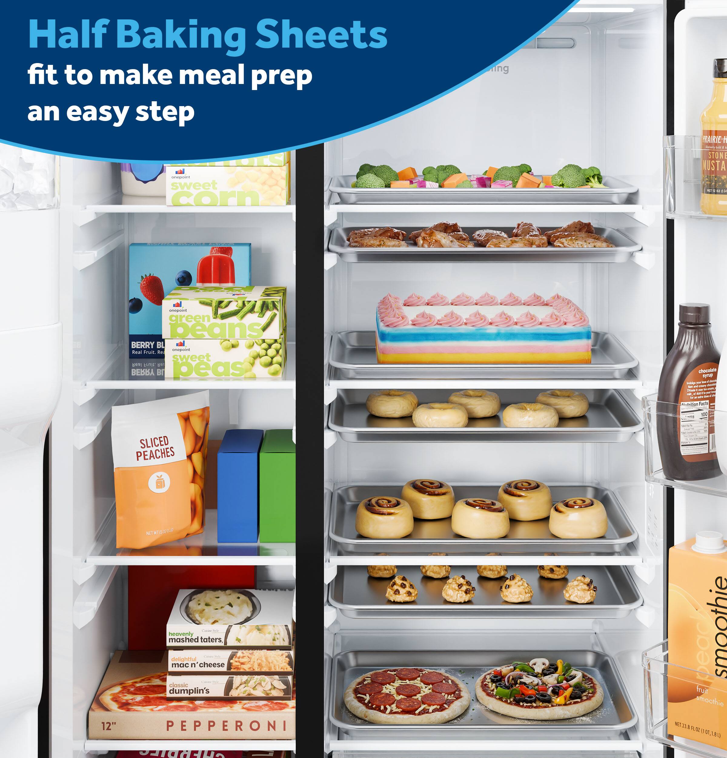 Half Baking Sheets fit to make meal prep an easy step

- sweet corn
- green beans
- BERRY BLEND sweet beans
- SLICED PEACHES
- heavenly mashed taters, mac 'n cheese
- 12" PEPPERONI
- peach smoothie