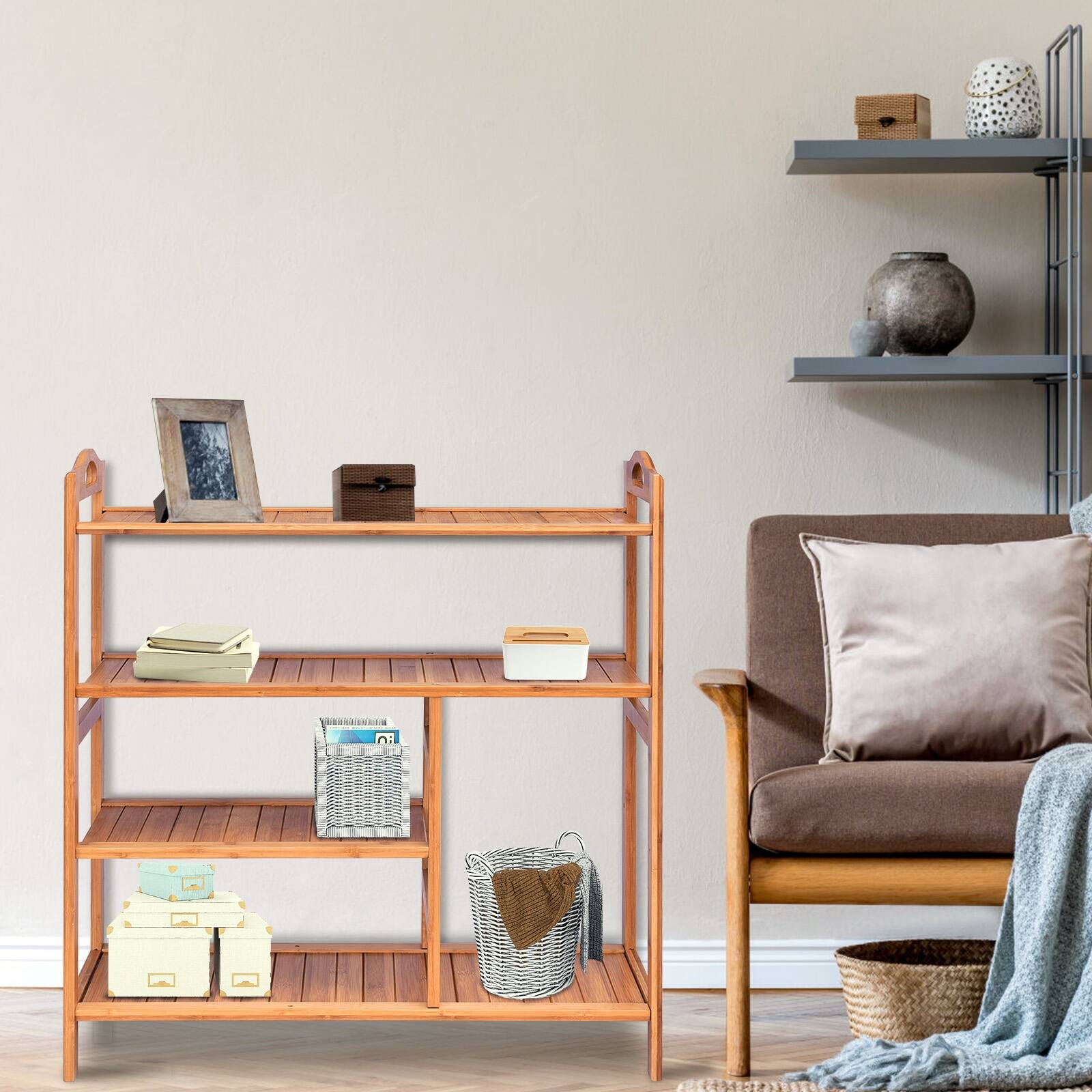 Alt View 8. Ecooso - 4 Tiers Multifunction Bamboo Storage Shoe Rack for Entryway Hallway - Natural.