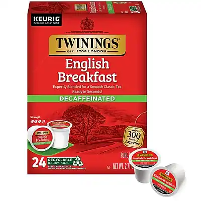 KEURIG GENUINE K-CUP PODS
TWININGS
EST. 1706 LONDON
English Breakfast
Expertly Blended for a Smooth Classic Tea
Ready in Seconds!
DECAFFEINATED
Strength
THINS
PURE WINIMA
24 RECYCLABLE K-CUP PODS
NET WT. 2.11 OZ (59.7g)
300 Years of Expertise
PURE WINIMA
English Breakfast