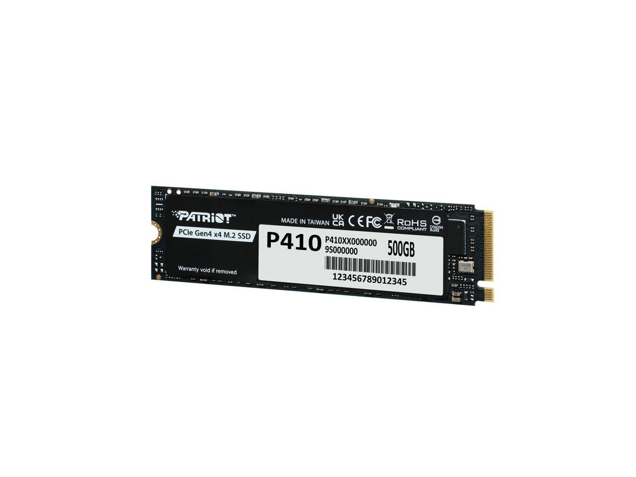 PATRIOT  
PCle Gen4 x4 M.2 SSD  
P410  
P410XX000000  
95000000  
500GB  
Warranty void if removed  
123456789012345  

MADE IN TAIWAN  
UK CE FCC ROHS COMPLIANT