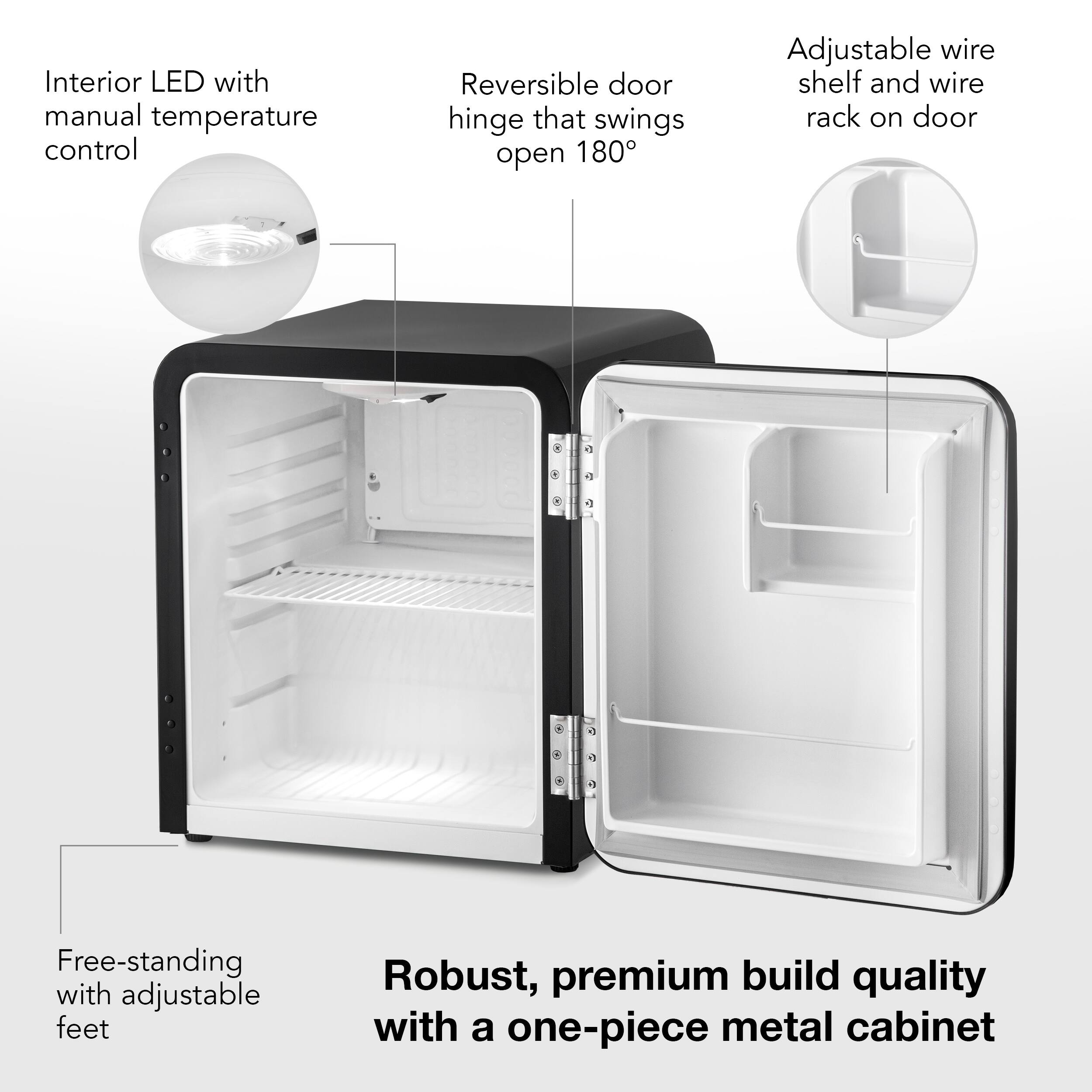 The image features a small refrigerator with a black and white color scheme. It has an interior LED with manual temperature control, a reversible door hinge that swings open 180 degrees, and adjustable wire shelves and rack on the door. The refrigerator is free-standing and has adjustable feet for added stability. It is built with a robust, premium quality and features a one-piece metal cabinet.