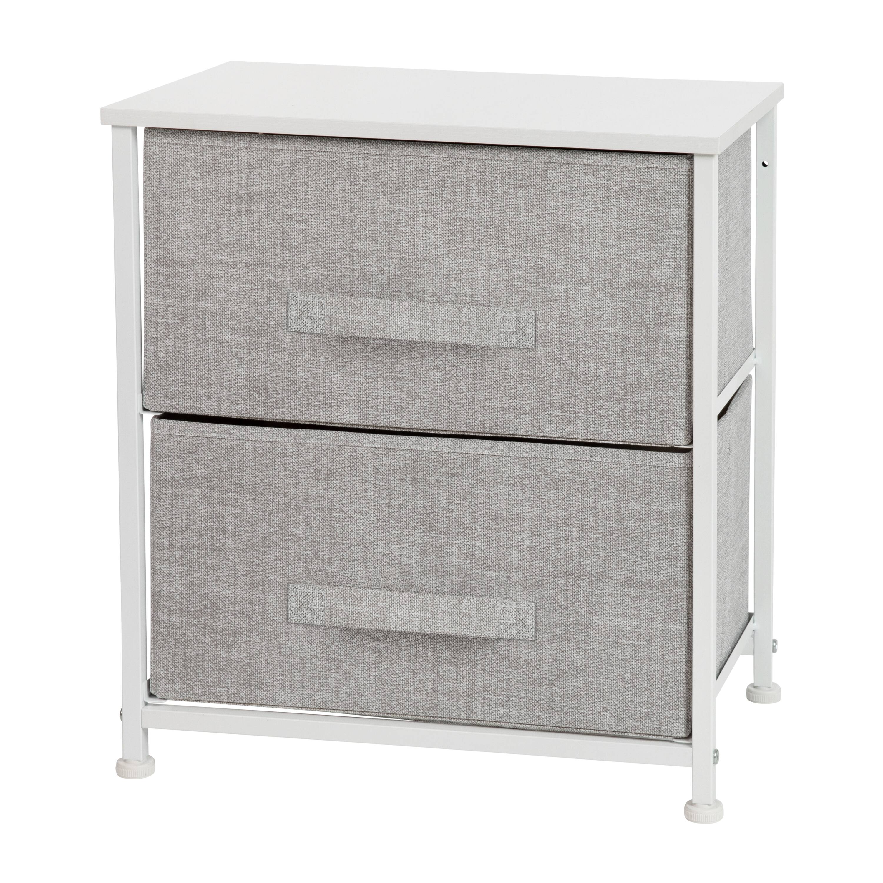 Front. Emma + Oliver - 2 Drawer Storage Stand with Wood Top & Dark Fabric Pull Drawers - Gray Drawers/White Frame.