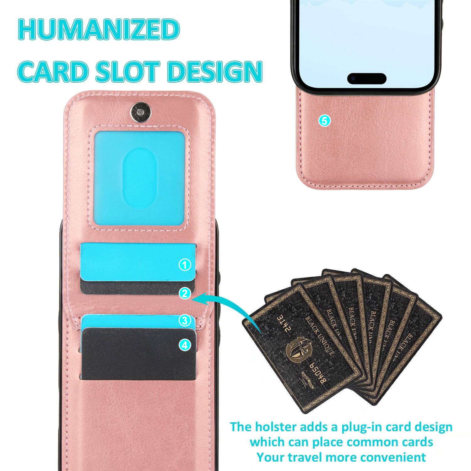 HUMANIZED CARD SLOT DESIGN

5 1 2 3 4 3T#5 BLACK BLACK BLACK BLACK UNIQUE UNIQUE nO 65048 BLACK Lko BLACK

The holster adds a plug-in card design which can place common cards. Your travel more convenient