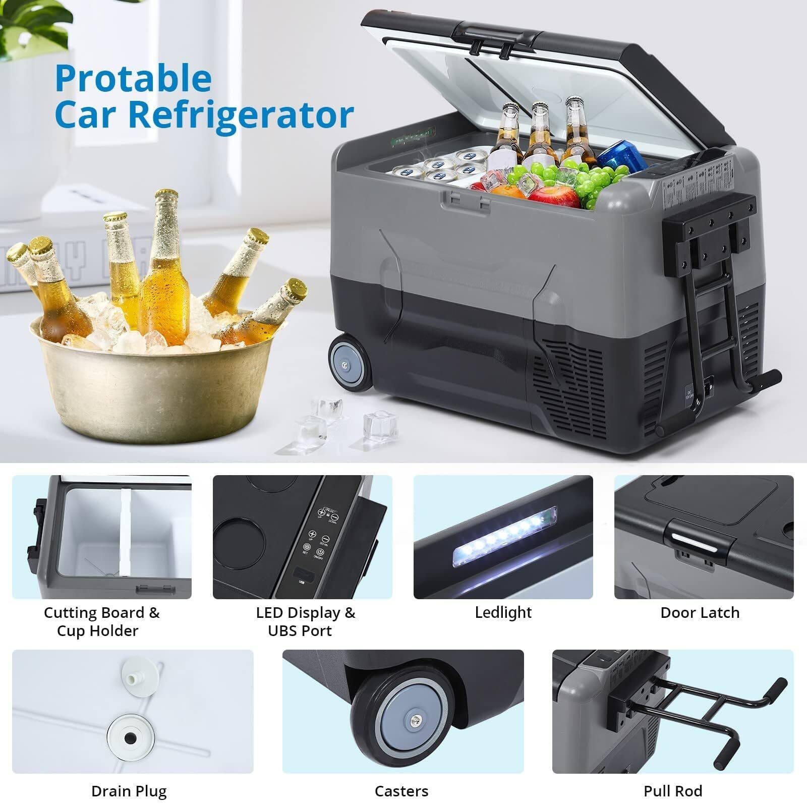 Portable Car Refrigerator

- Cutting Board & Cup Holder
- LED Display & USB Port
- Ledlight
- Door Latch
- Drain Plug
- Casters
- Pull Rod