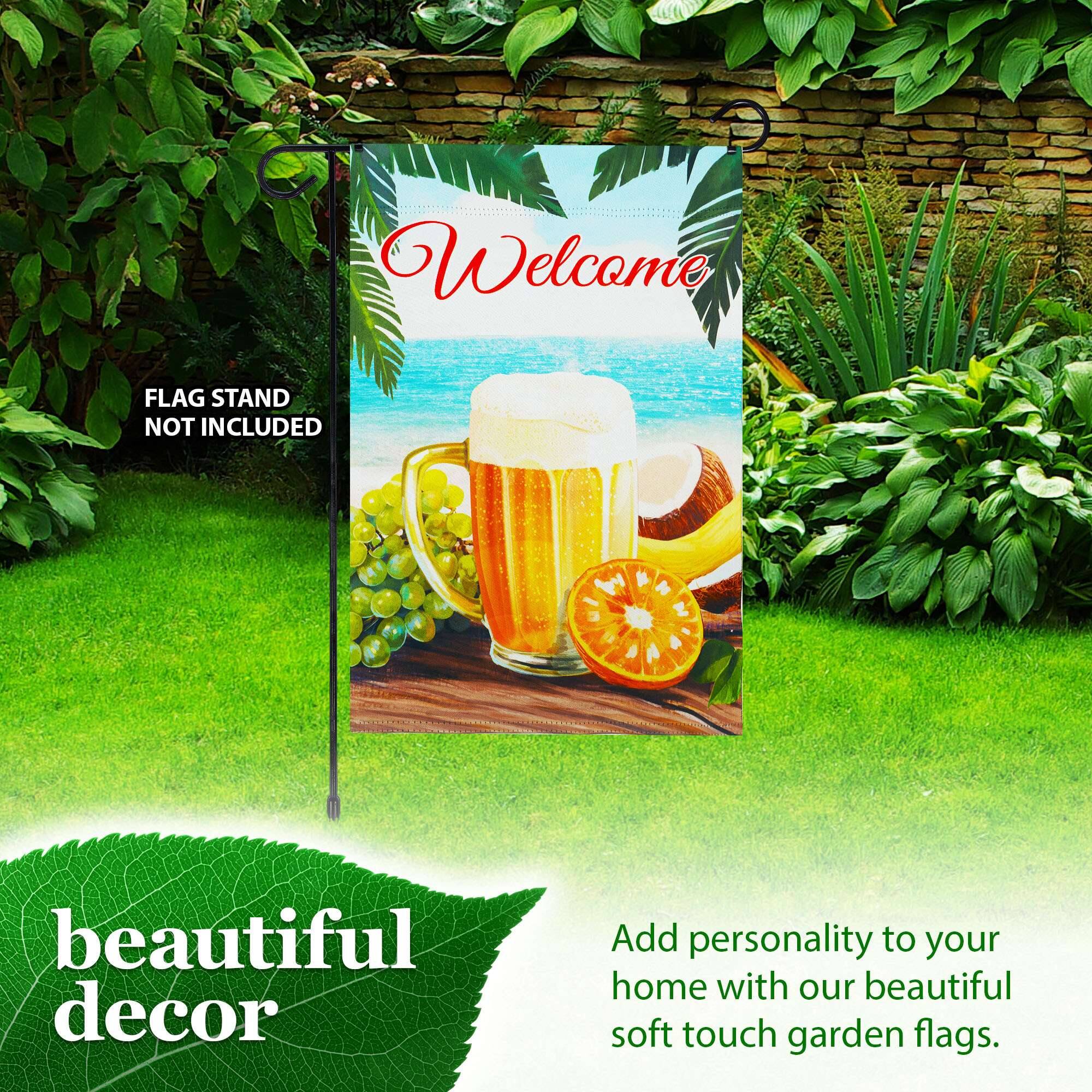 Welcome  
FLAG STAND NOT INCLUDED  

beautiful decor  

Add personality to your home with our beautiful soft touch garden flags.