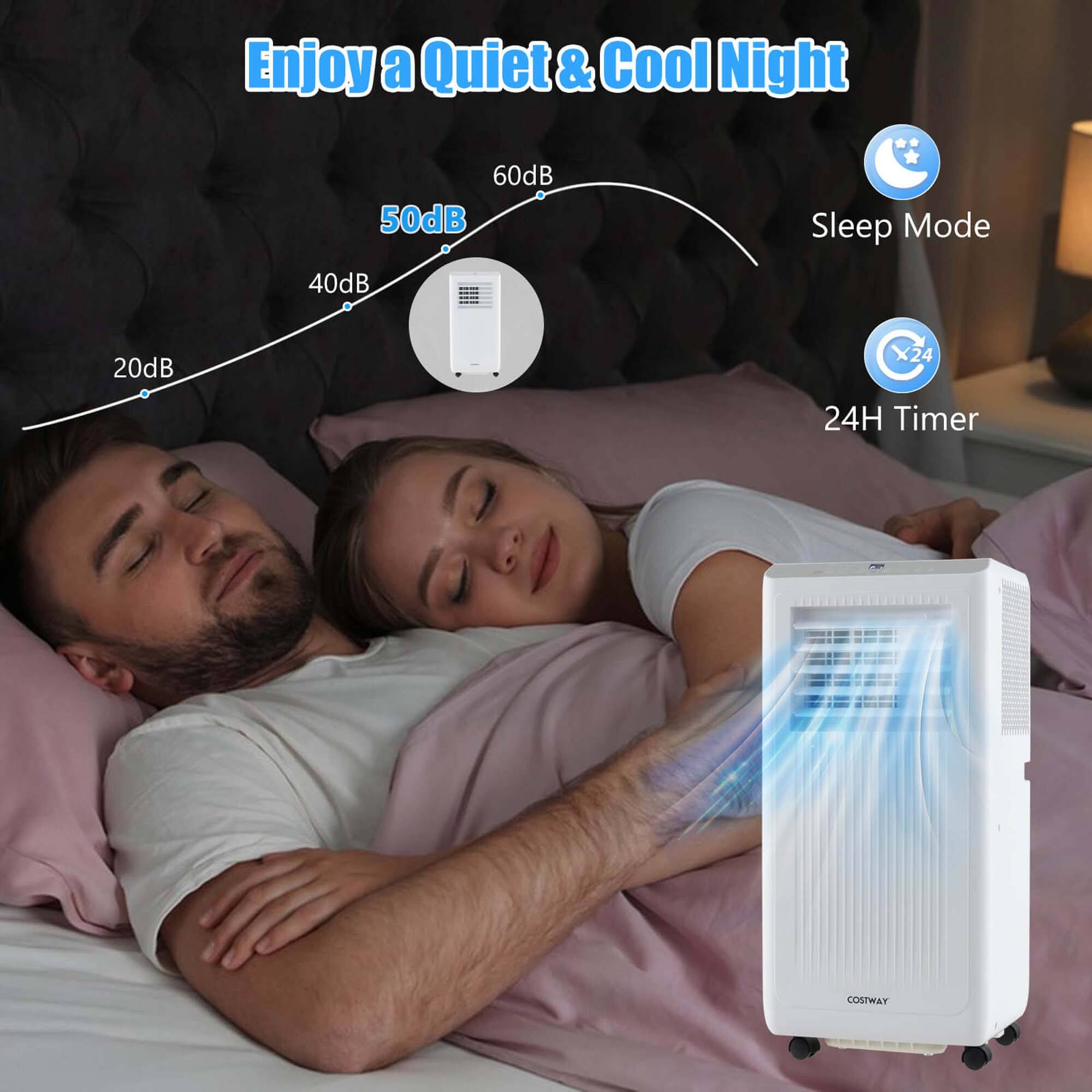 Enjoy a Quiet & Cool Night with a 60dB noise level, 50dB sleep mode, and 40dB noise reduction. The 20dB sleep mode ensures a comfortable and peaceful environment for rest. The 24H timer and X24 timer provide additional options for customizing your sleep experience. The product is made by COSTWAY.