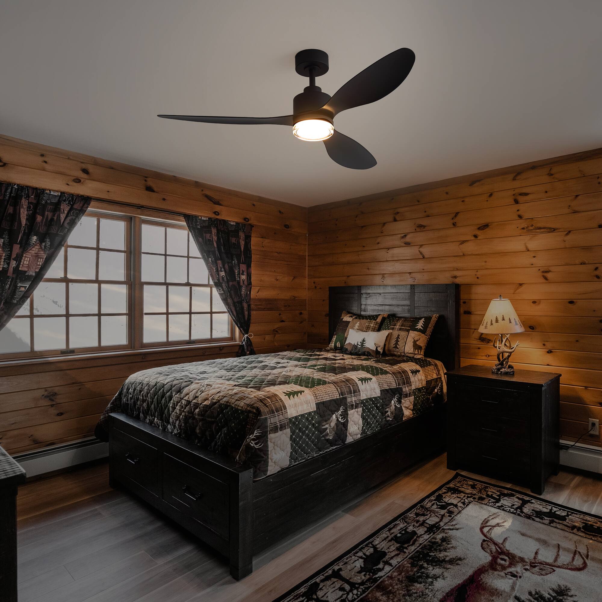 Alt View 4. Breezary - 52-Inch Modern LED Ceiling Fan with Remote, 6'' Downrod, 3 ABS Blades, 6-Speed DC Motor, Reversible & Timer - black.