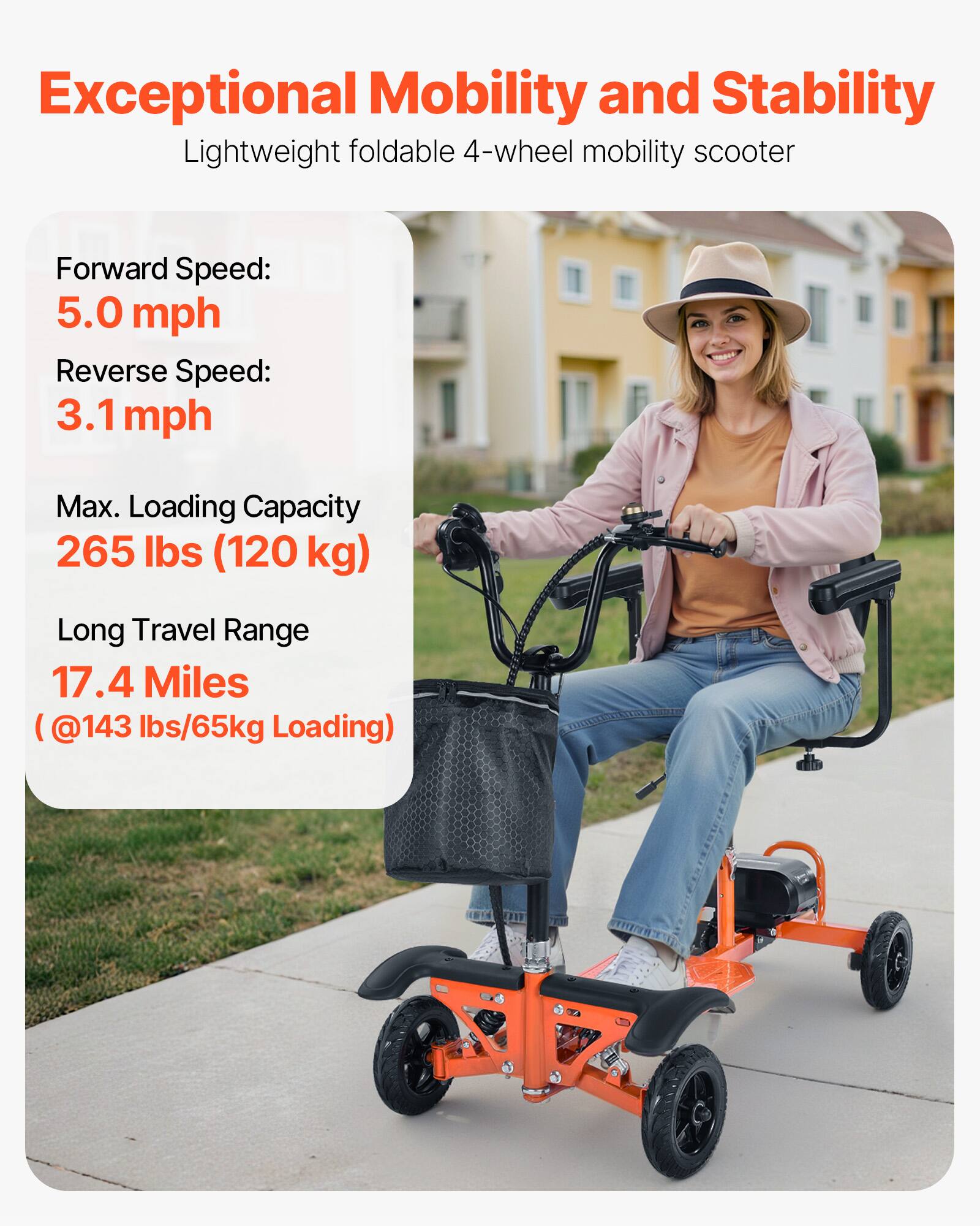 Exceptional Mobility and Stability  
Lightweight foldable 4-wheel mobility scooter  

Forward Speed: 5.0 mph  
Reverse Speed: 3.1 mph  
Max. Loading Capacity: 265 lbs (120 kg)  
Long Travel Range: 17.4 Miles (@143 lbs/65kg Loading)