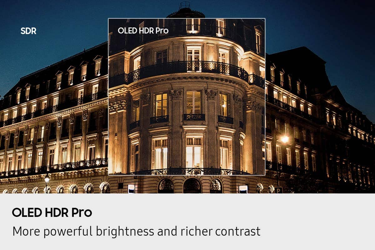 The text on the image reads: "SDR OLED HDR Pro P OLED HDR Pro More powerful brightness and richer contrast."
