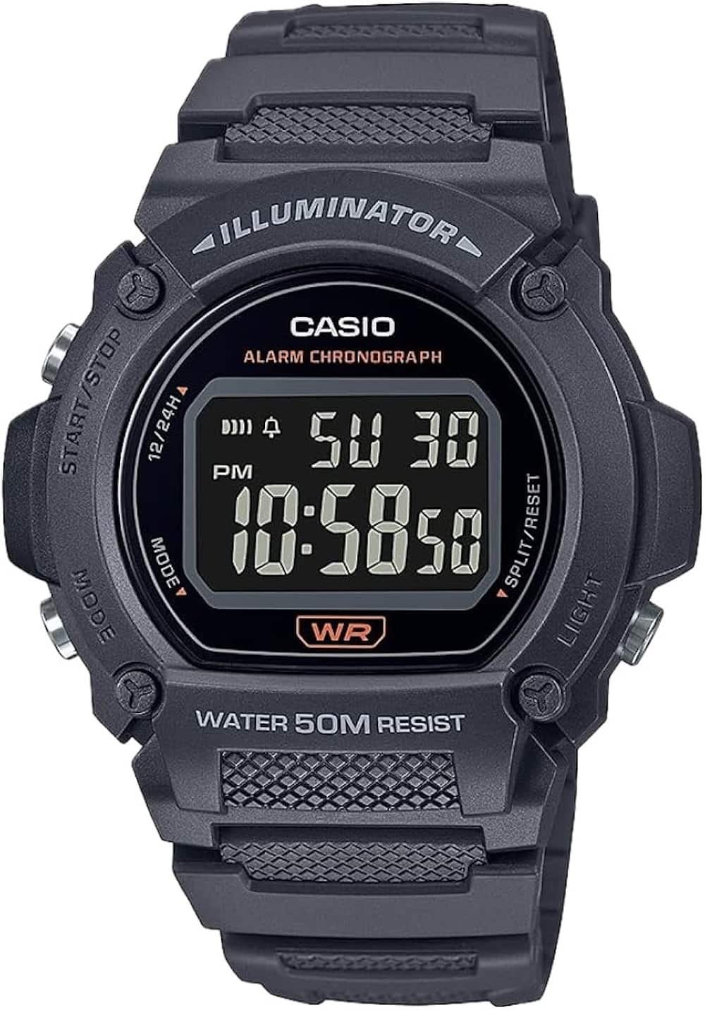 ILLUMINATOR  
CASIO  
ALARM CHRONOGRAPH  
START/STOP  
12/24H  
PM  
50 DE  
MODE  
10:5850  
SPLIT/RESET  
MODE  
D  
WR LIGHT  
WATER 50M RESIST