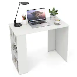 Costway - 35.5" Compact PC Laptop Desk Modern Style Office Study Desk with Side Storage Shelf - White