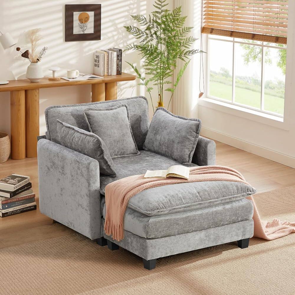 Left. JUJABU - Gray Chenille Modular Single Sofa with Ottoman and Pillow for Living Room - Gray.