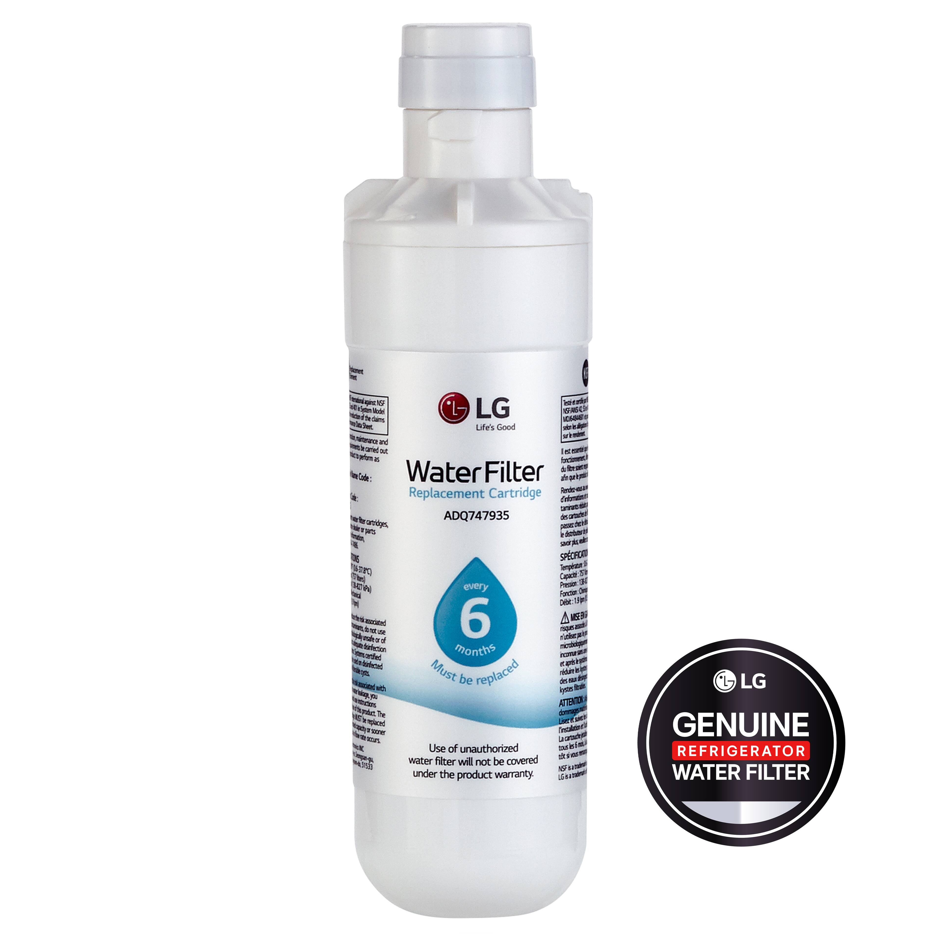 LG Life's Good Water Filter Replacement Cartridge ADQ747935 every 6 months Must be replaced Use of unauthorized water filter will not be covered under the product warranty SPECIFICATIONS Capacity LG GENUINE REFRIGERATOR WATER FILTER