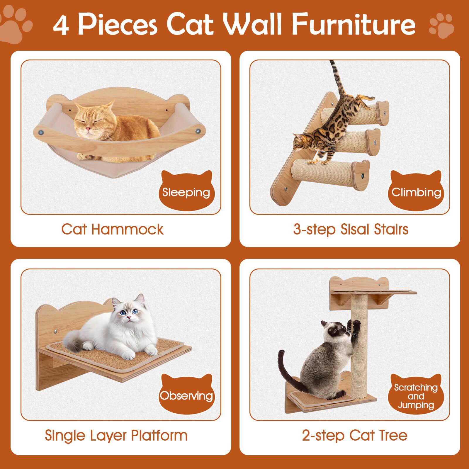 4 Pieces Cat Wall Furniture

- Cat Hammock
  - Sleeping

- 3-step Sisal Stairs
  - Climbing

- Single Layer Platform
  - Observing

- 2-step Cat Tree
  - Scratching and Jumping