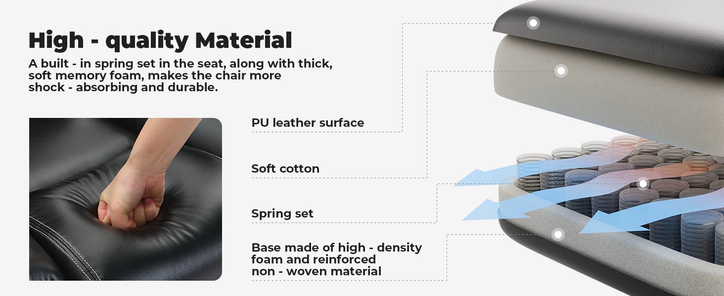High-quality Material

A built-in spring set in the seat, along with thick, soft memory foam, makes the chair more shock-absorbing and durable.

- PU leather surface
- Soft cotton
- Spring set
- Base made of high-density foam and reinforced non-woven material