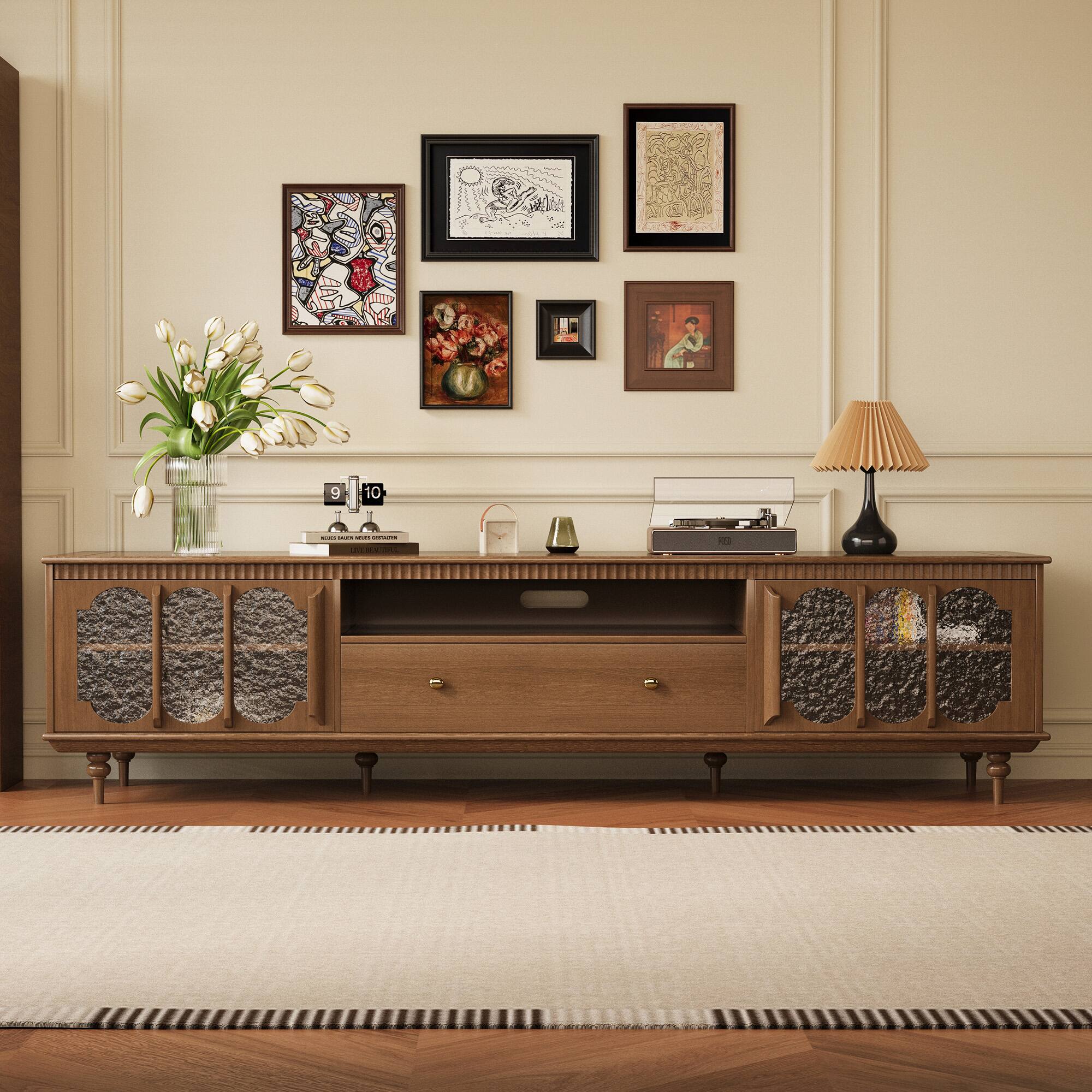 Angle. luck idea - 78.74" TV Stand with Large Storage Drawers, Metal Handles & Solid Wood Legs - Walnut Color.