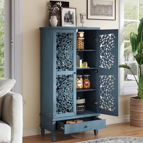 Left. LUCKY ONE - 55in Freestanding Tall Storage Cabinet with Drawer Carved Doors Solid Wood Legs for Living Room Hallway - Antique Blue.