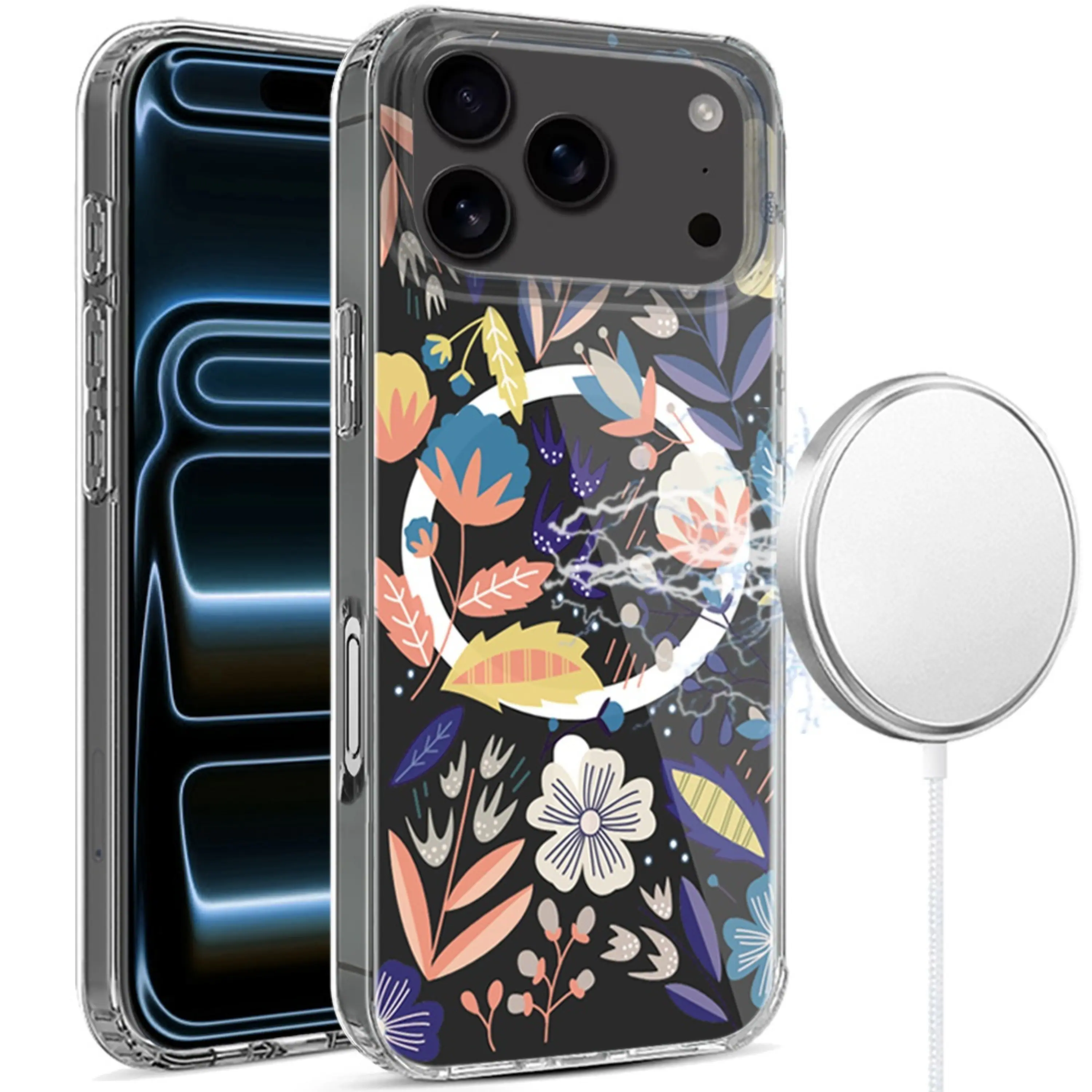 Angle. Kitcheniva - Magnetic Circle Unique Design Rugged Hybrid Phone Case With Tempered Glass For iPhone 17 Pro Wild Flower - Black.