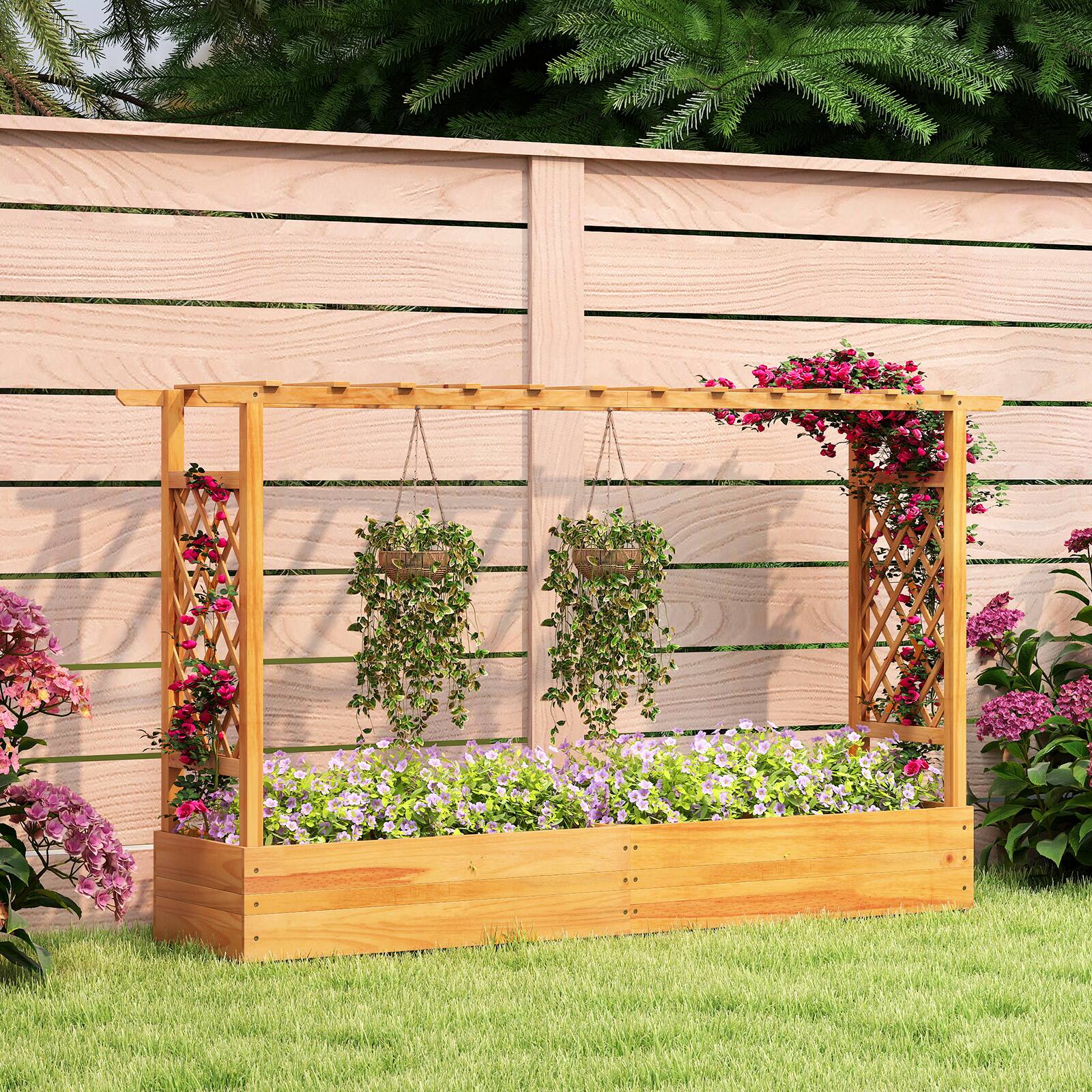 Alt View 1. Costway - Costway 1 PCS 45" Raised Garden Bed with Trellis with Hanging Roof, 2 Side Trellises for Flower - Natural.