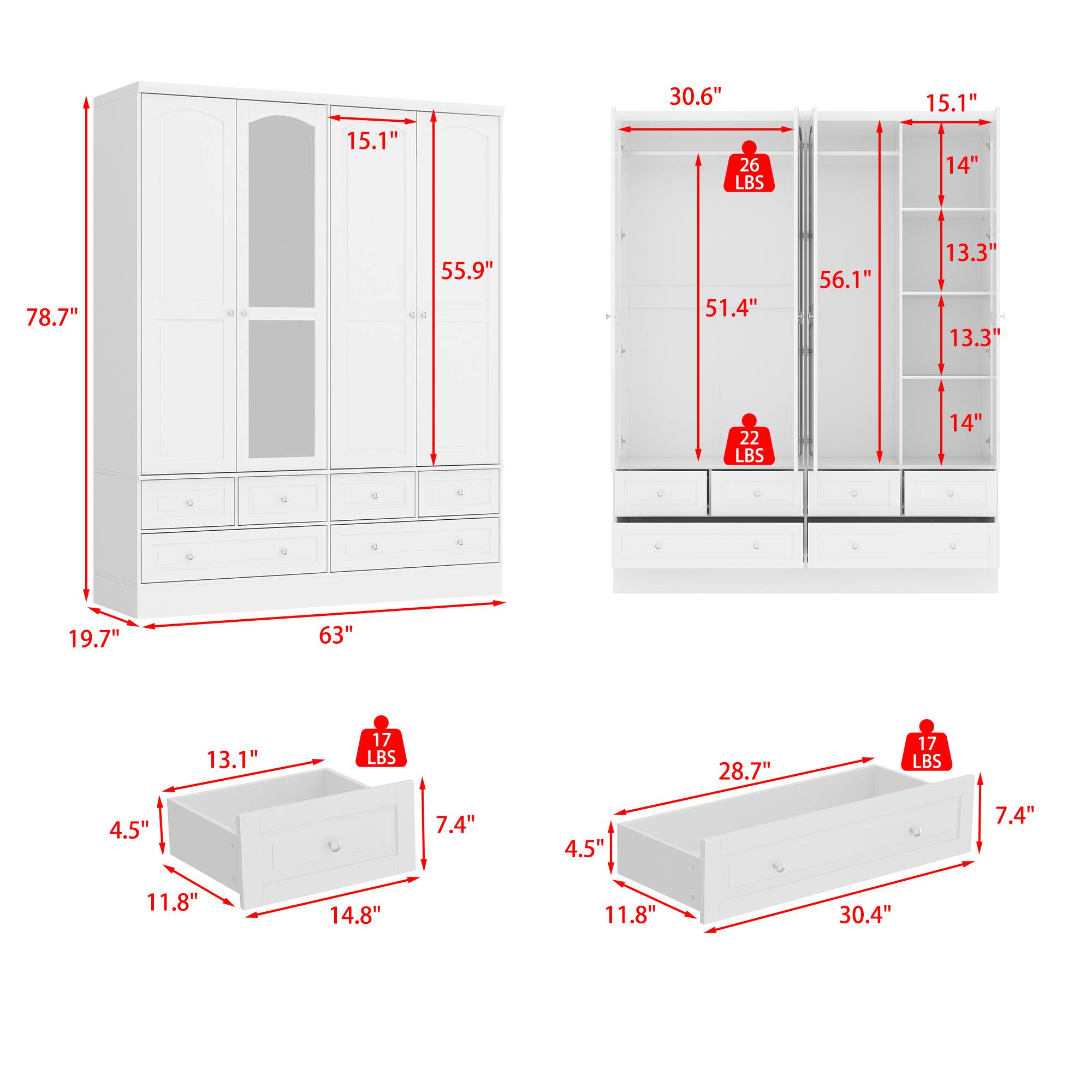 - 78.7" (height)
- 63" (width)
- 19.7" (depth)
- 15.1" (height of top section)
- 55.9" (height of middle section)
- 13.1" (height of bottom section)
- 17 LBS (weight capacity of bottom section)
- 4.5" (depth of bottom section)
- 7.4" (height of drawer)
- 11.8" (width of drawer)
- 14.8" (depth of drawer)
- 28.7" (width of drawer)
- 30.4" (depth of drawer)
- 17 LBS (weight capacity of drawer)
- 30.6" (width of middle section)
- 51.4" (height of middle section)
- 26 LBS (weight capacity of middle section)
- 56.1" (height of top section)
- 15.1" (height of top section)
- 14" (width of top section)
- 13.3" (height of top section)
- 13