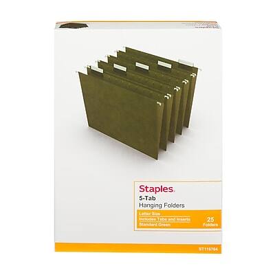 Staples  
5-Tab Hanging Folders  
Letter Size  
Includes Tabs and Inserts  
Standard Green  
25 Folders  
ST116764