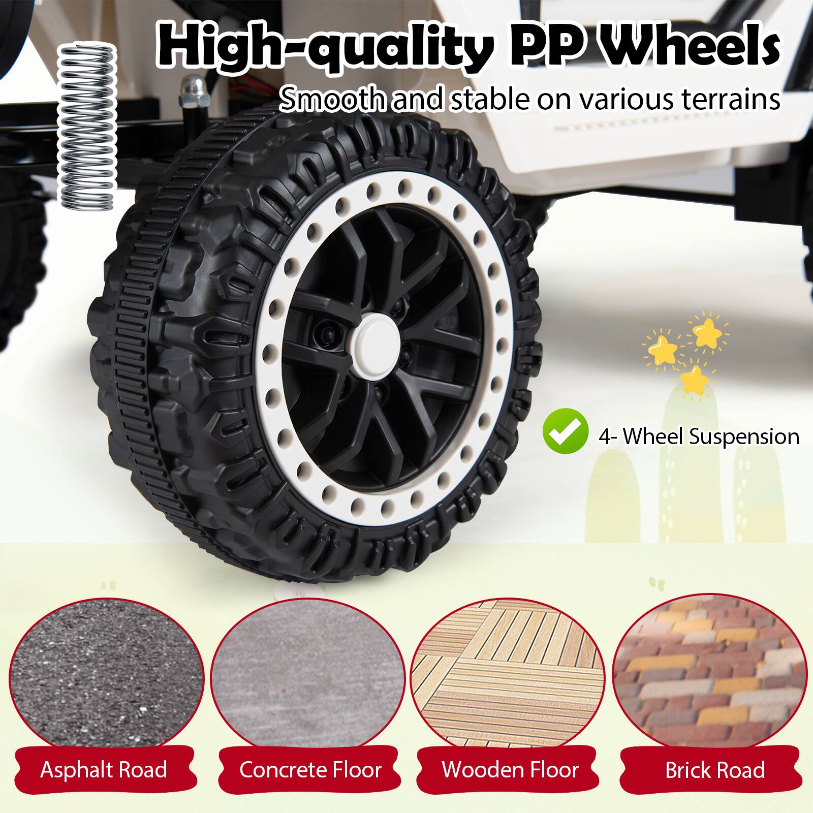 High-quality PP Wheels  
Smooth and stable on various terrains  
4-Wheel Suspension  
Asphalt Road  
Concrete Floor  
Wooden Floor  
Brick Road