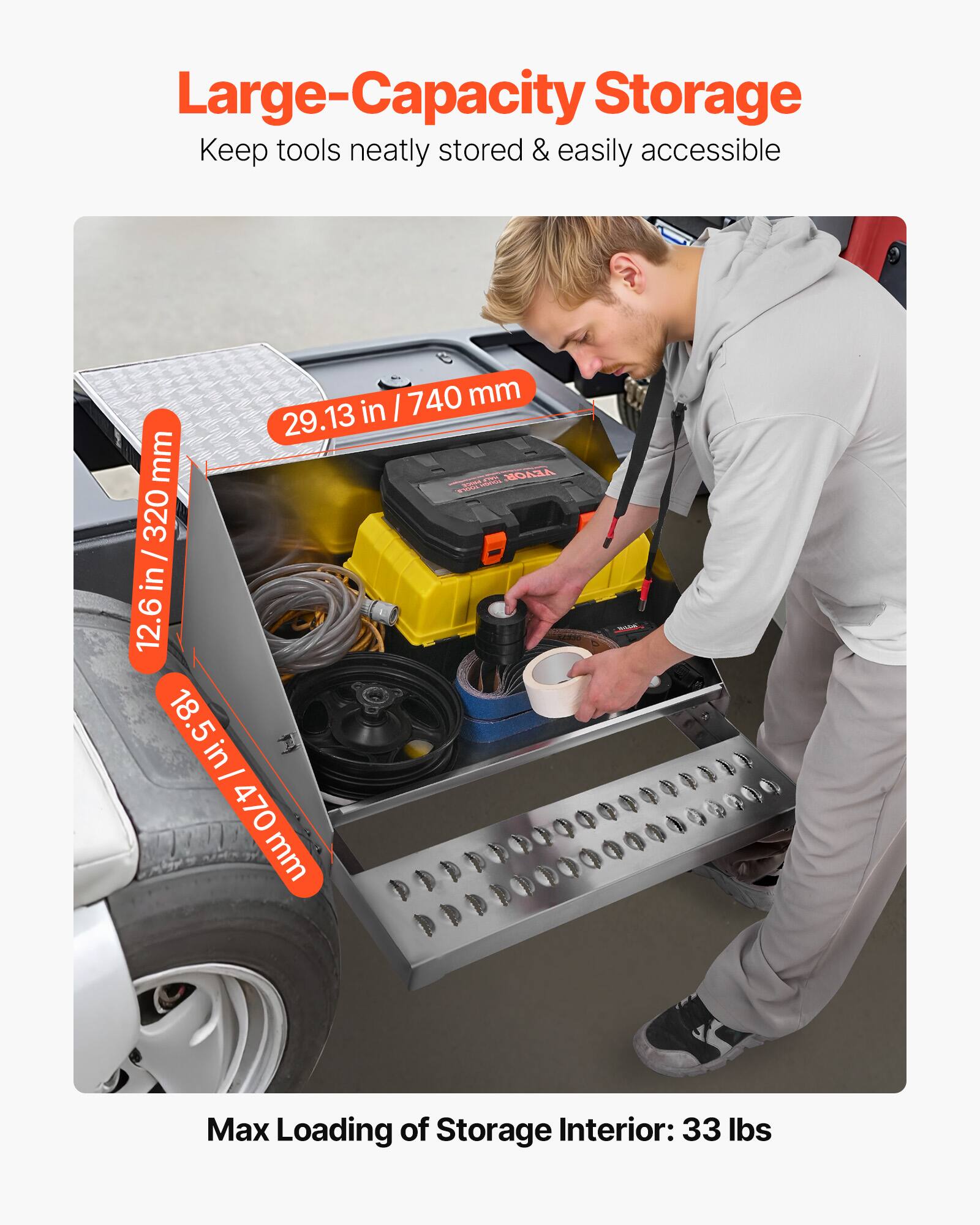 Large-Capacity Storage  
Keep tools neatly stored & easily accessible  

- 29.13 in / 740 mm  
- 12.6 in / 320 mm  
- 18.5 in / 470 mm  

Max Loading of Storage Interior: 33 lbs