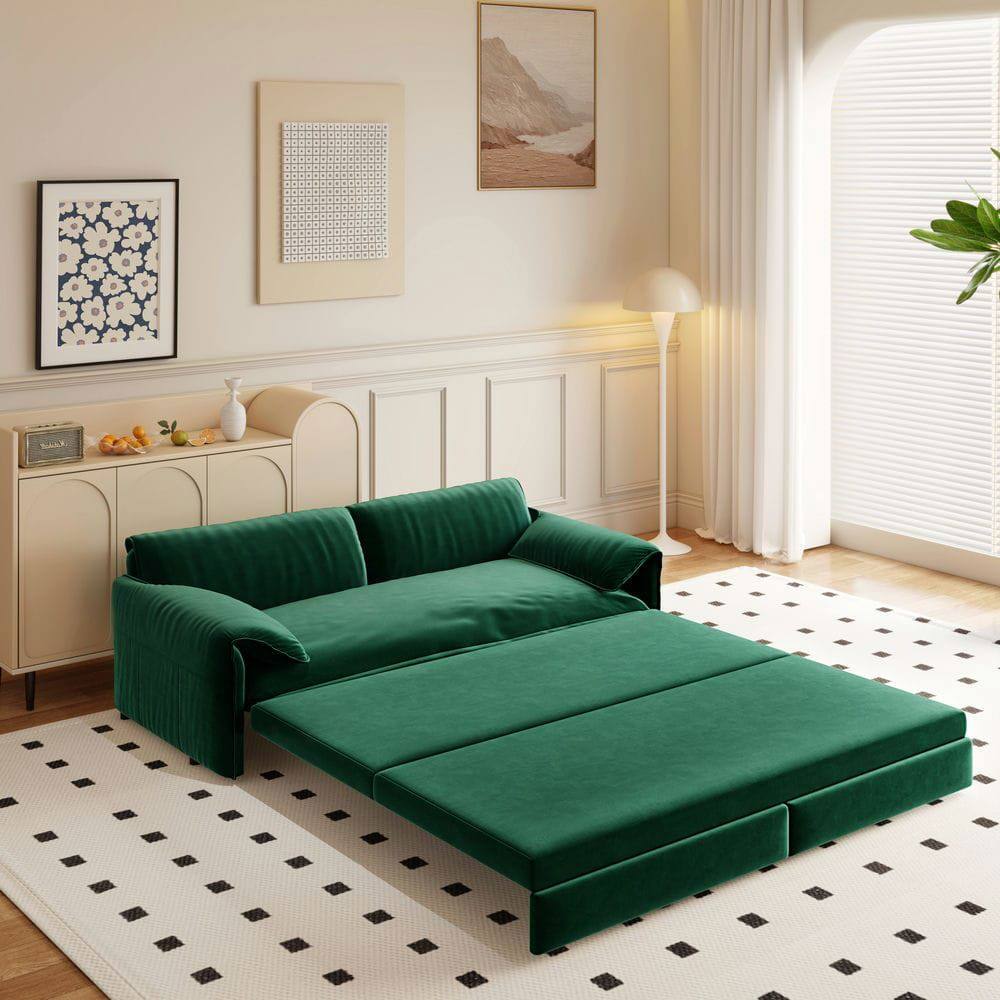Left. Kadyn - 66" Queen Pull Out Sofa Bed, 3-in-1 Convertible Sleeper with Side Storage, Velvet Loveseat - Green.