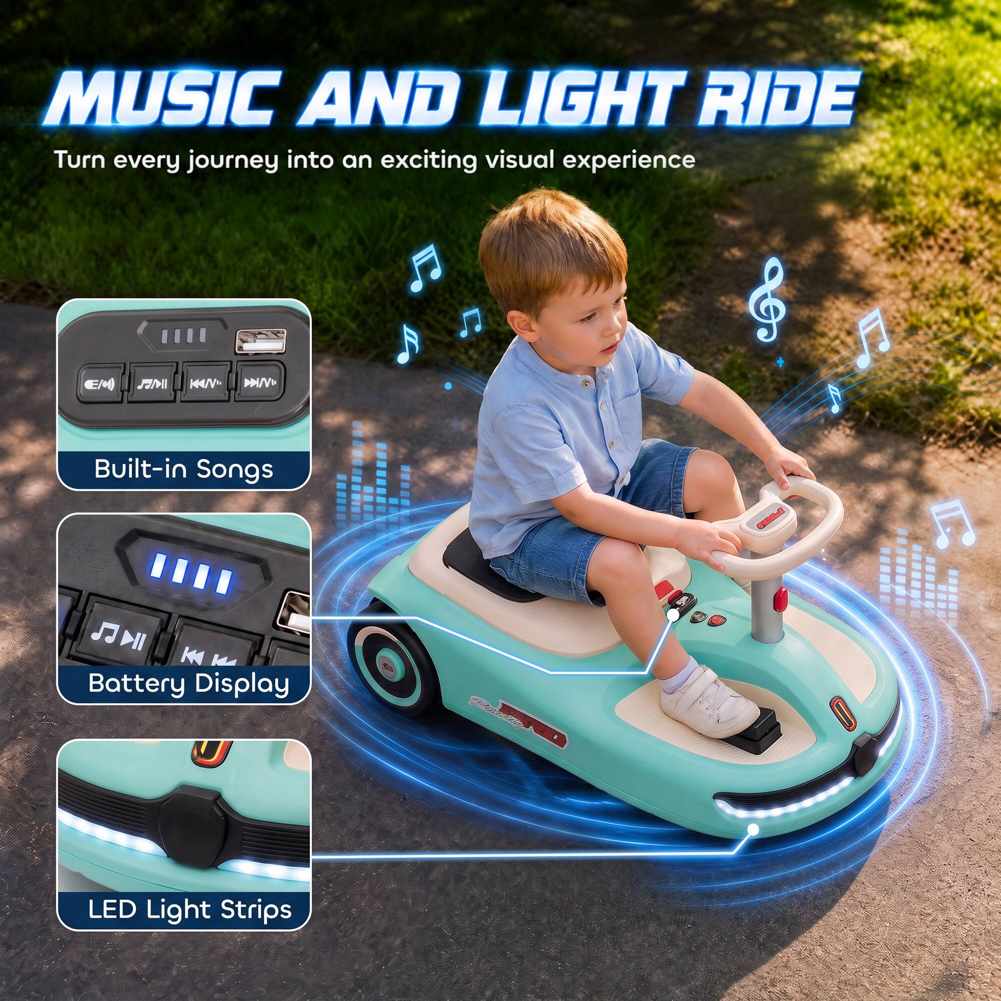 MUSIC AND LIGHT RIDE  
Turn every journey into an exciting visual experience

Built-in Songs  
Battery Display  
LED Light Strips