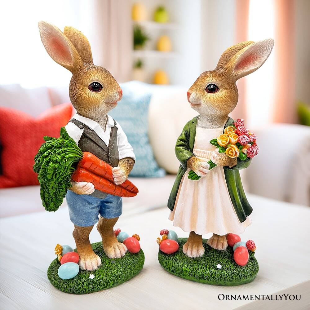 Alt View 1. OrnamentallyYou - Harvest and Bloom Country Bunny Pair Figurine, 8" Rabbit Garden Statue Set - Multicolored.