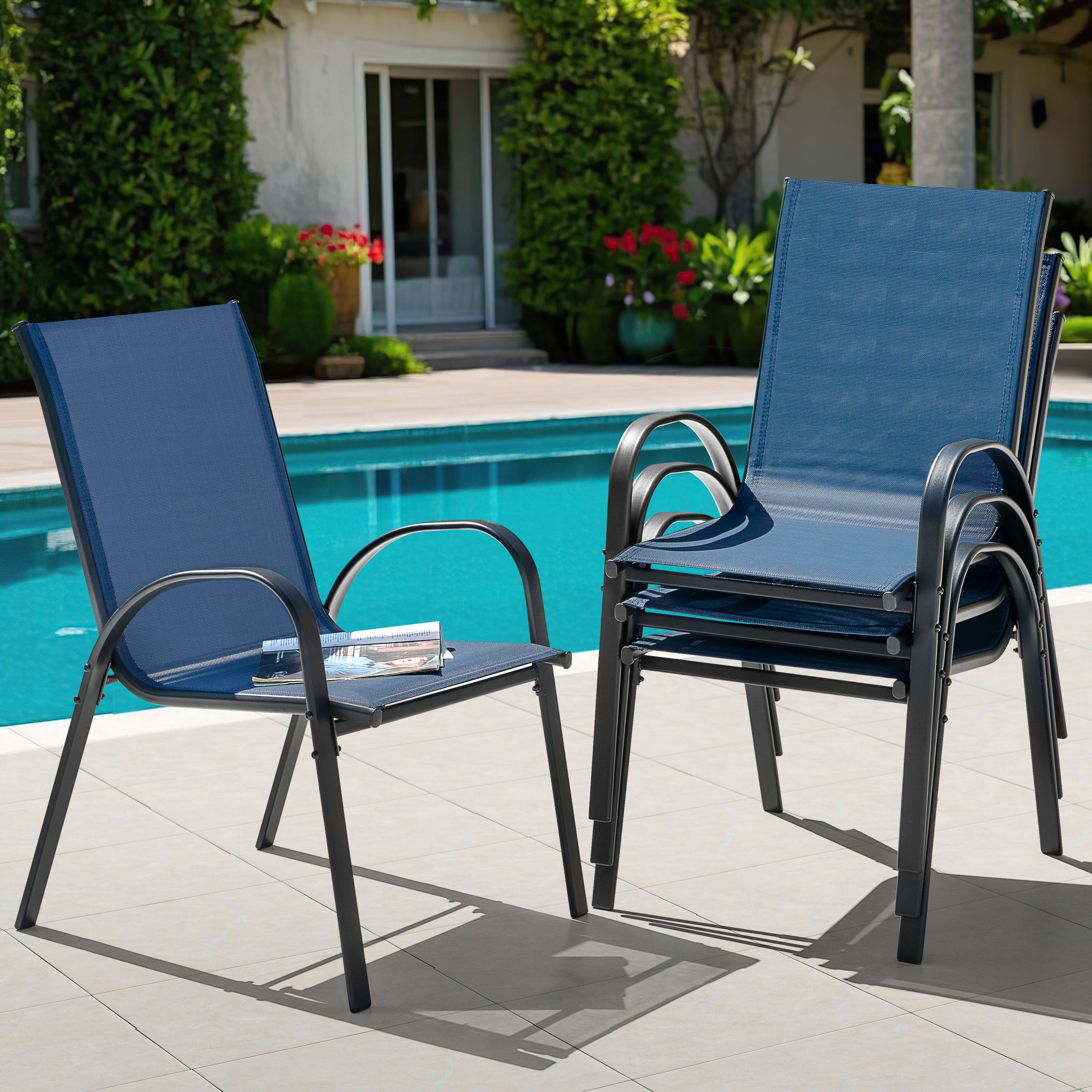 Left. Nuu Garden - Patio Chairs Set of 4, Stackable Outdoor Dining Chairs with Armrests, Breathable Textilene - Blue and Black.