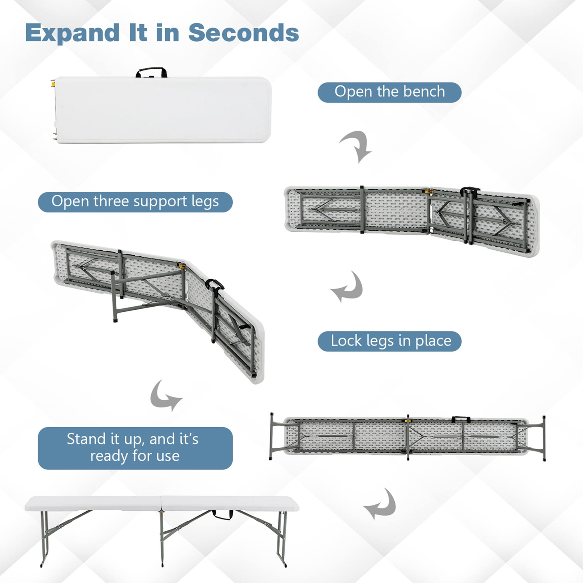 Expand It in Seconds

1. Open the bench
2. Open three support legs
3. Lock legs in place
4. Stand it up, and it's ready for use
