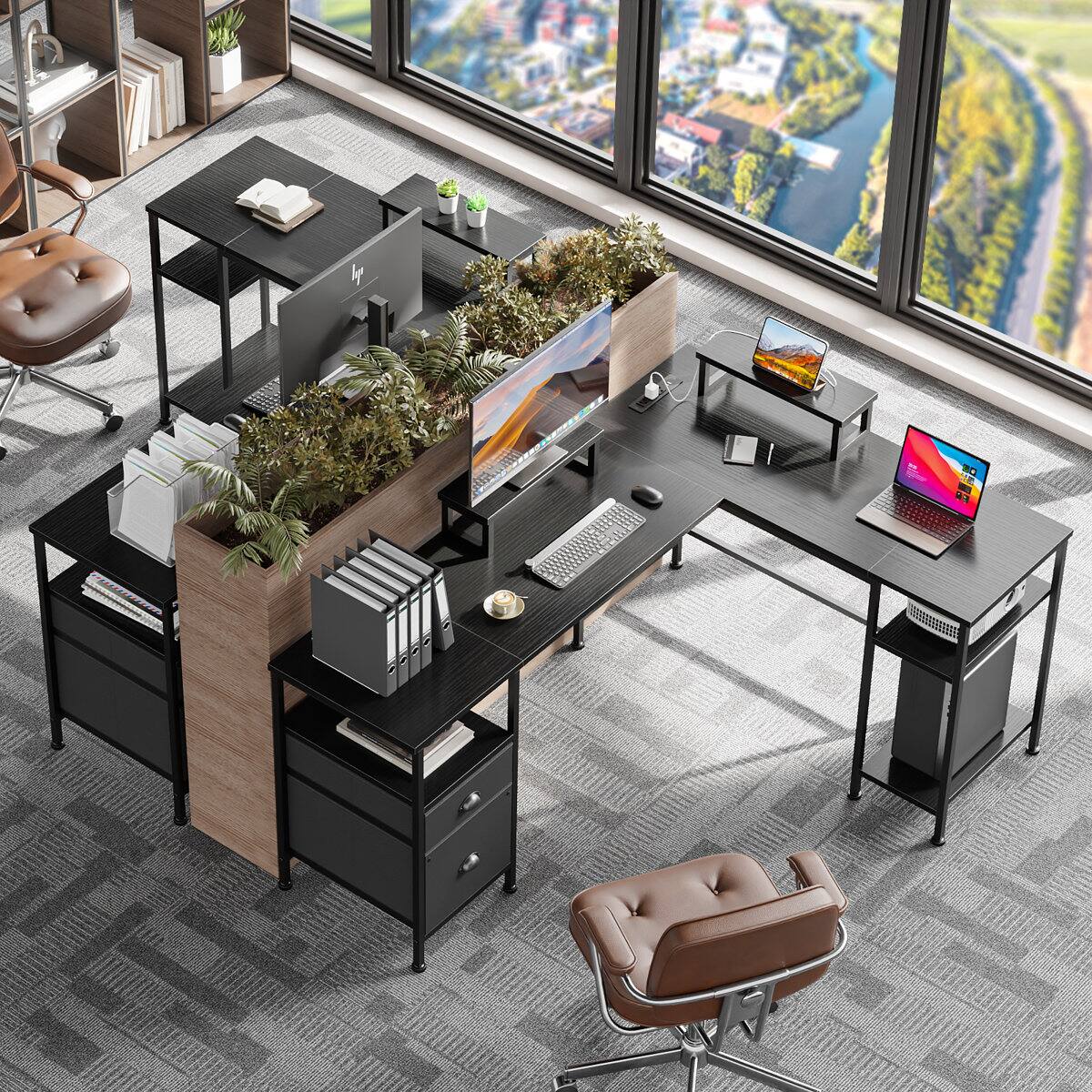 Alt View 1. Furnulem - 66 Inch LShaped Computer Desk with Dual Monitor Stands Power Outlet Cabinet  Drawers Metal Base Gaming Writing Desk - Black.
