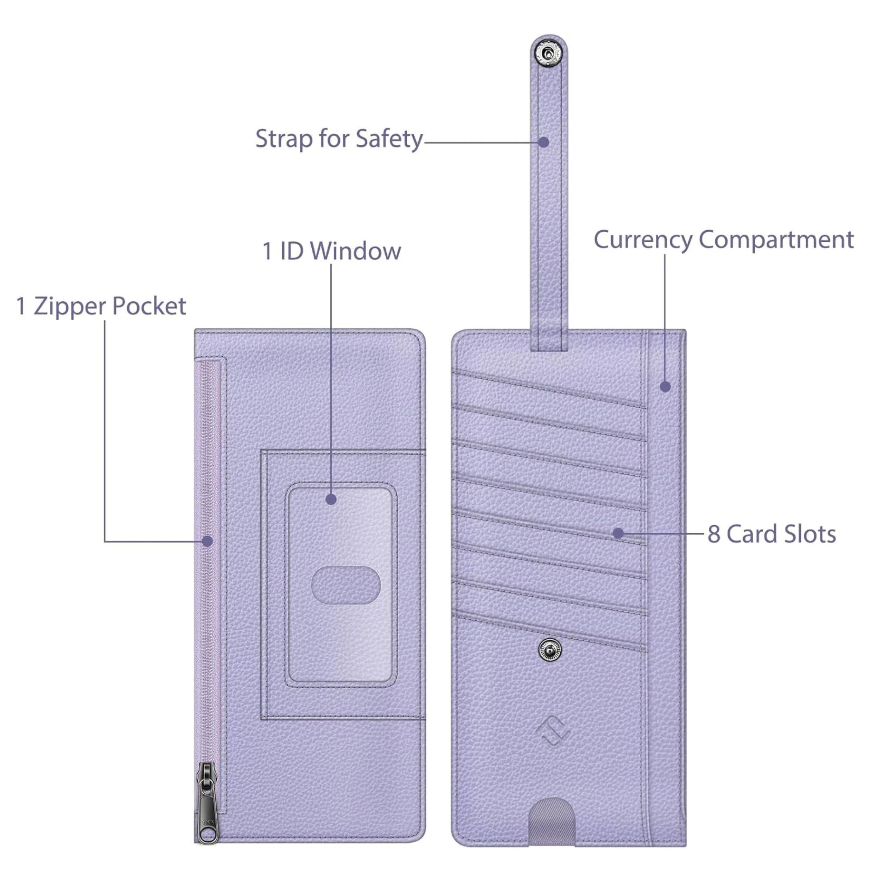 Strap for Safety  
1 ID Window  
Currency Compartment  
1 Zipper Pocket  
8 Card Slots