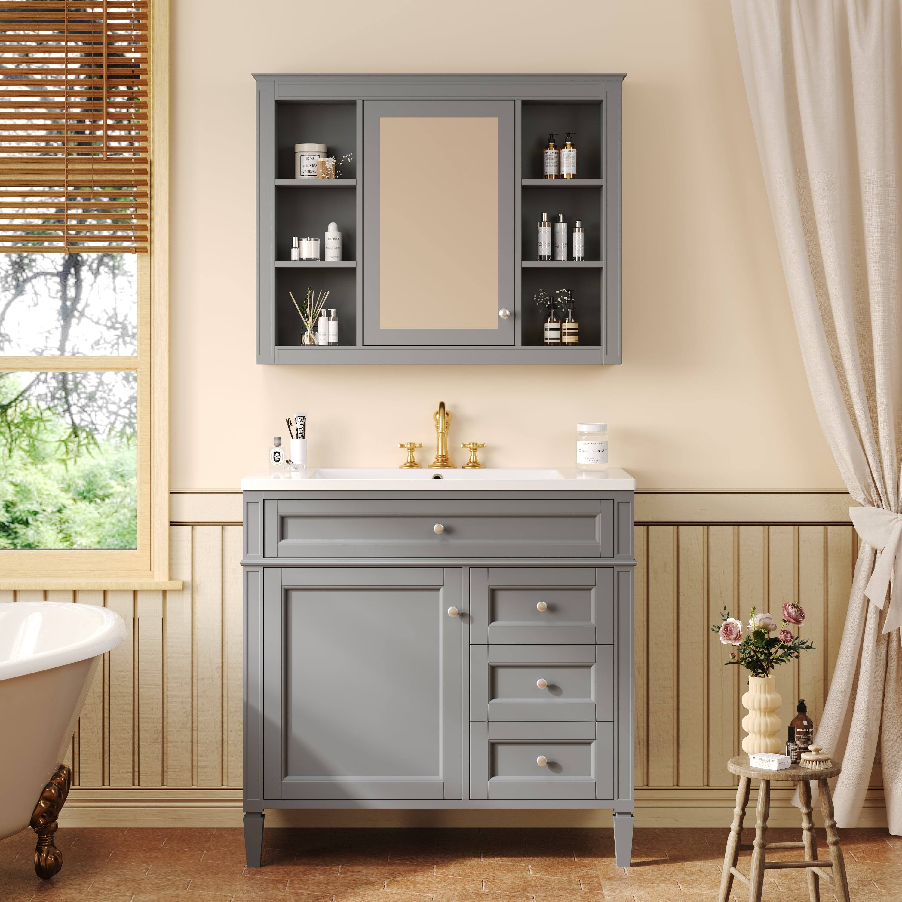 Alt View 1. Boyel Living - 36 Inch Bathroom Vanity Set with Mirror Cabinet Resin Sink 3 Drawers 2 Doors Gray - Gray.