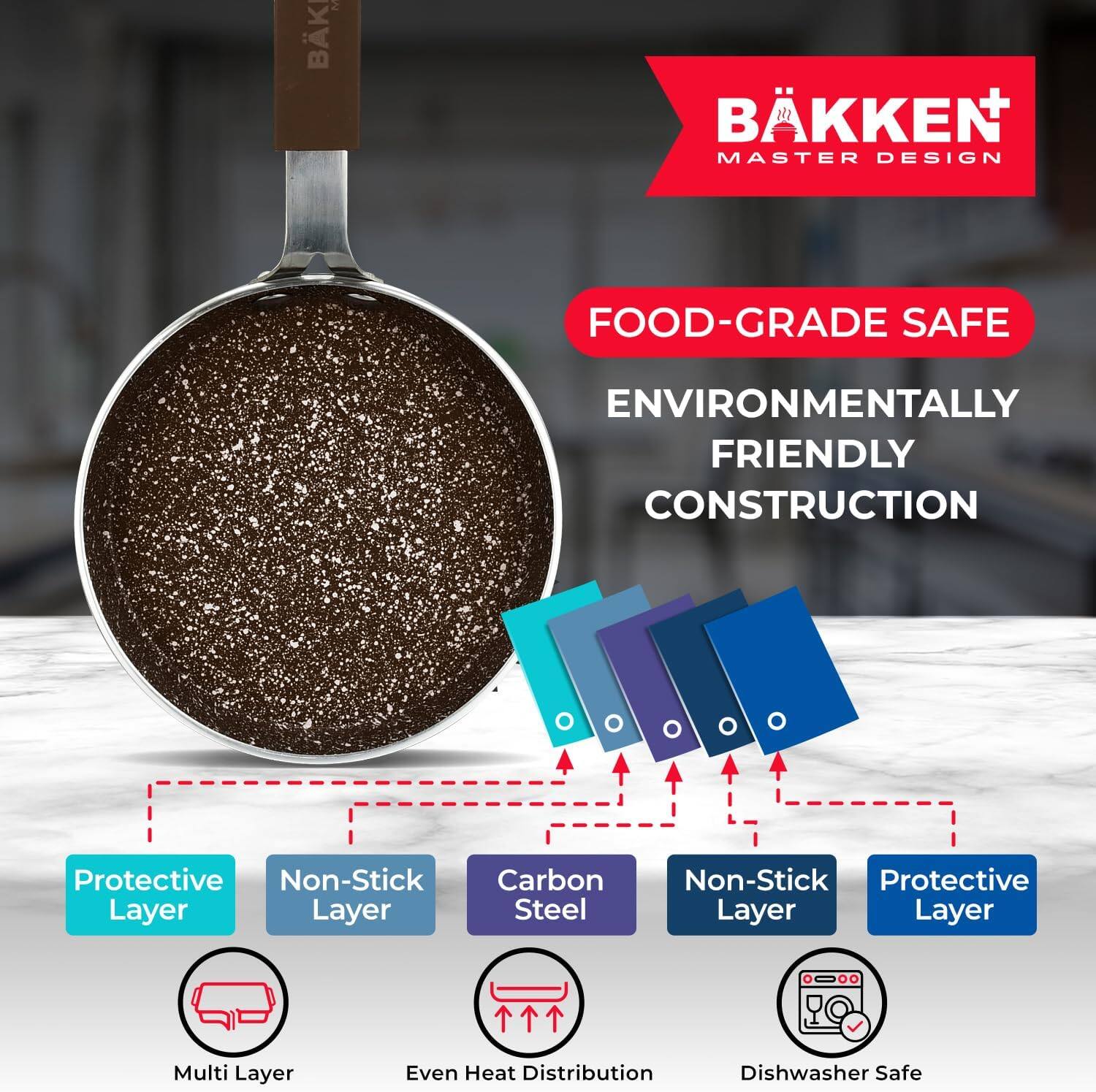 BKKEN MASTER DESIGN, FOOD-GRADE SAFE, ENVIRONMENTALLY FRIENDLY CONSTRUCTION, Protective Layer, Non-Stick Layer, Carbon Steel, Non-Stick Layer, Protective Layer, Multi Layer, Even Heat Distribution, Dishwasher Safe