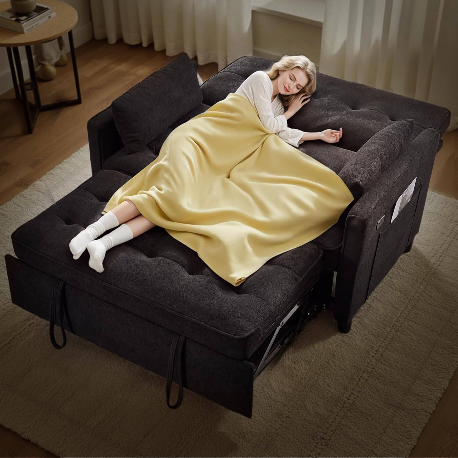 Alt View 3. Tiramisubest - Convertible Sofa Bed,3 in 1 Pull Out Couch,Living Room Sofa with Adjustable Backrest,Side Pocket&USB Charging Port,Black - Black.