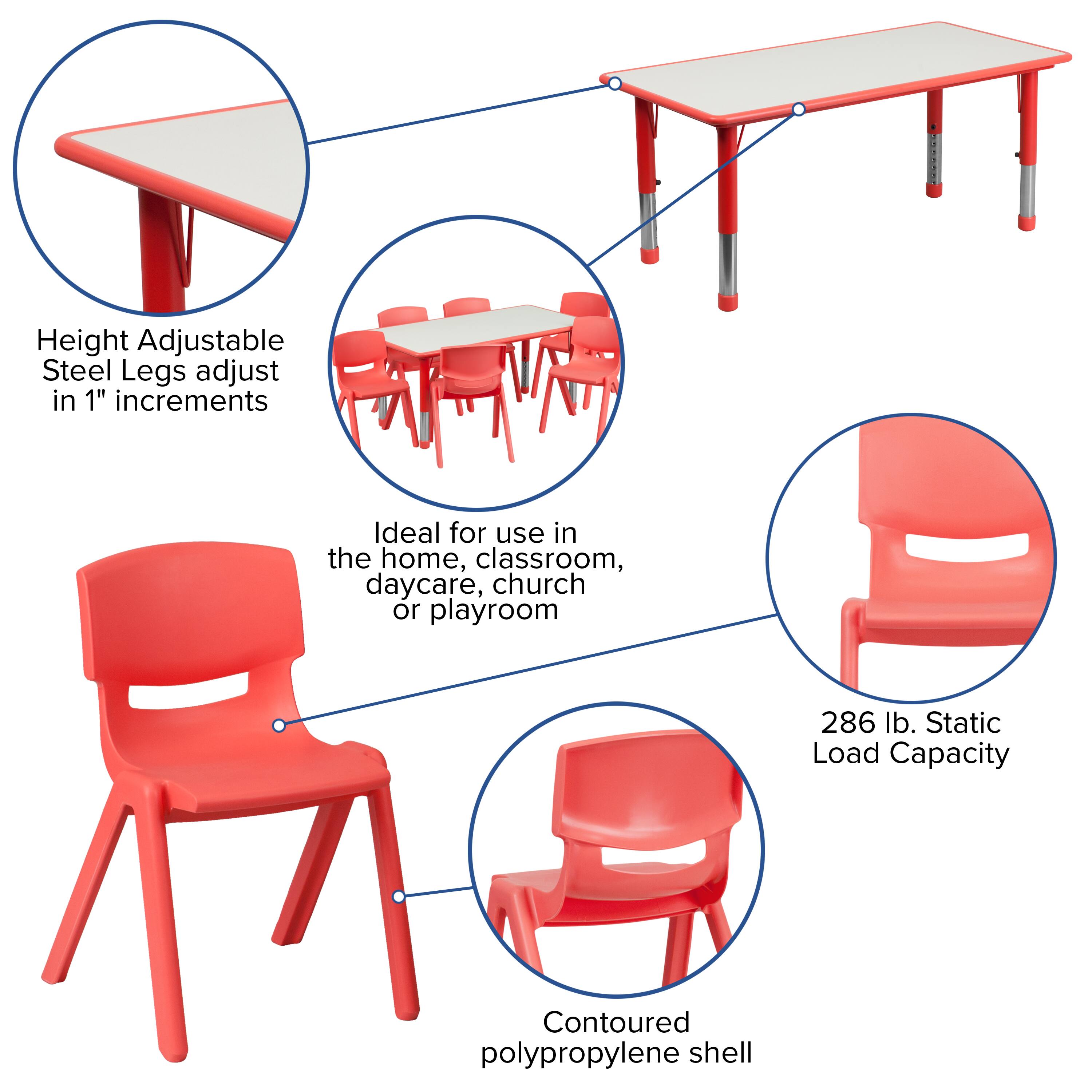 Height Adjustable Steel Legs adjust in 1" increments  
Ideal for use in the home, classroom, daycare, church or playroom  
286 lb. Static Load Capacity  
Contoured polypropylene shell