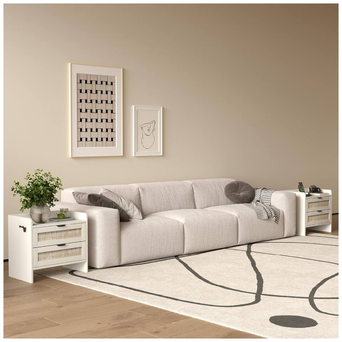 Left. GARVEE - Rattan Nightstand, Bedside Table with Type-C Charging Station - 2 Storage Drawer Space, White 1pcs - White.