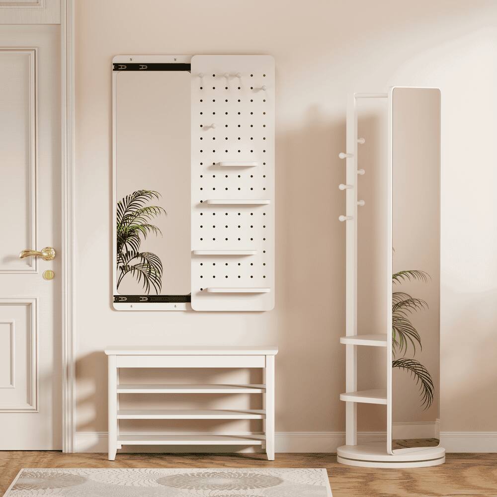 Left. Kadyn - 47.6"x15.7" Wall-Mounted Full Length Mirror with Shelf & Hook, Practical Decor for Bedroom/Living Room/Entrance, White.