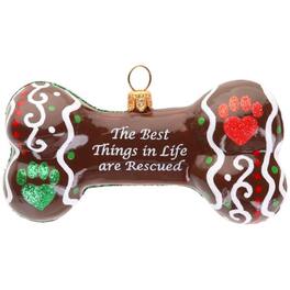 Joy to the World Collectibles - Joy to the World “The Best Things in Life are Rescued” Dog Bone Polish Glass Ornament - Brown