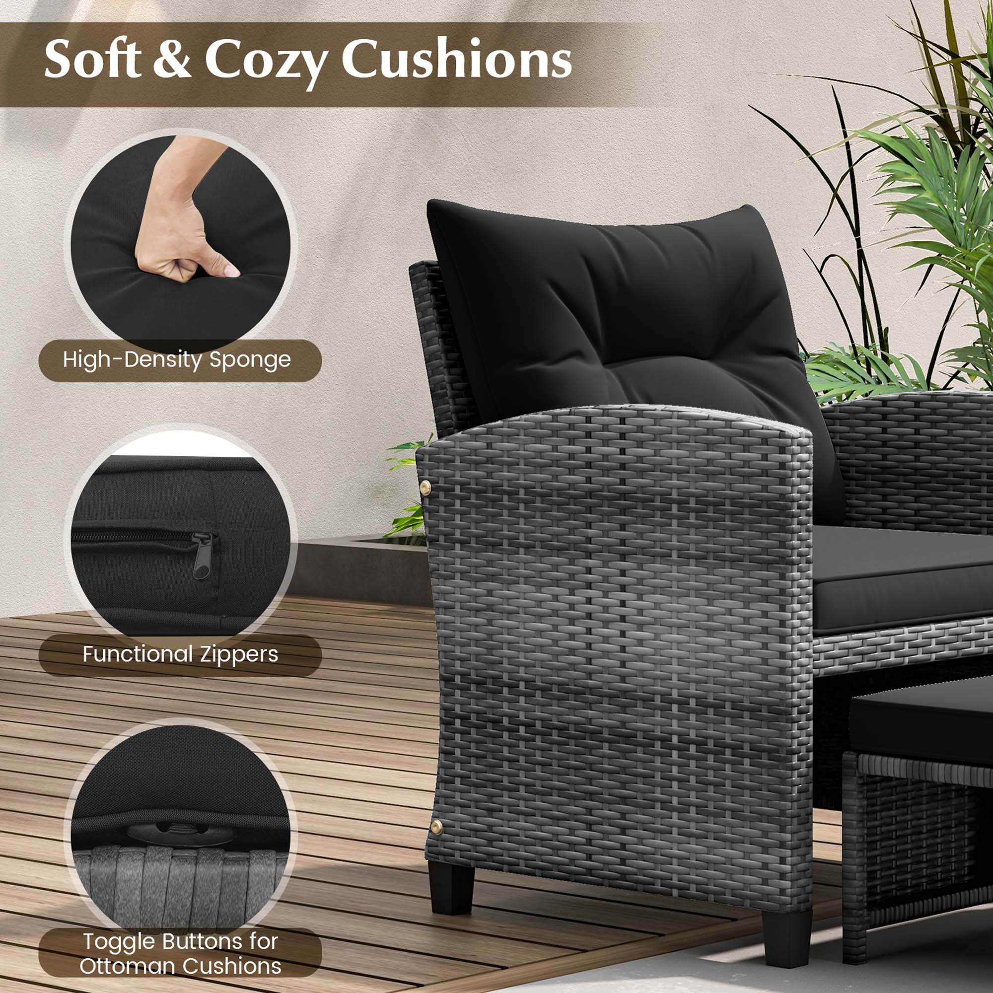 Soft & Cozy Cushions High-Density Sponge Functional Zippers Toggle Buttons for Ottoman Cushions