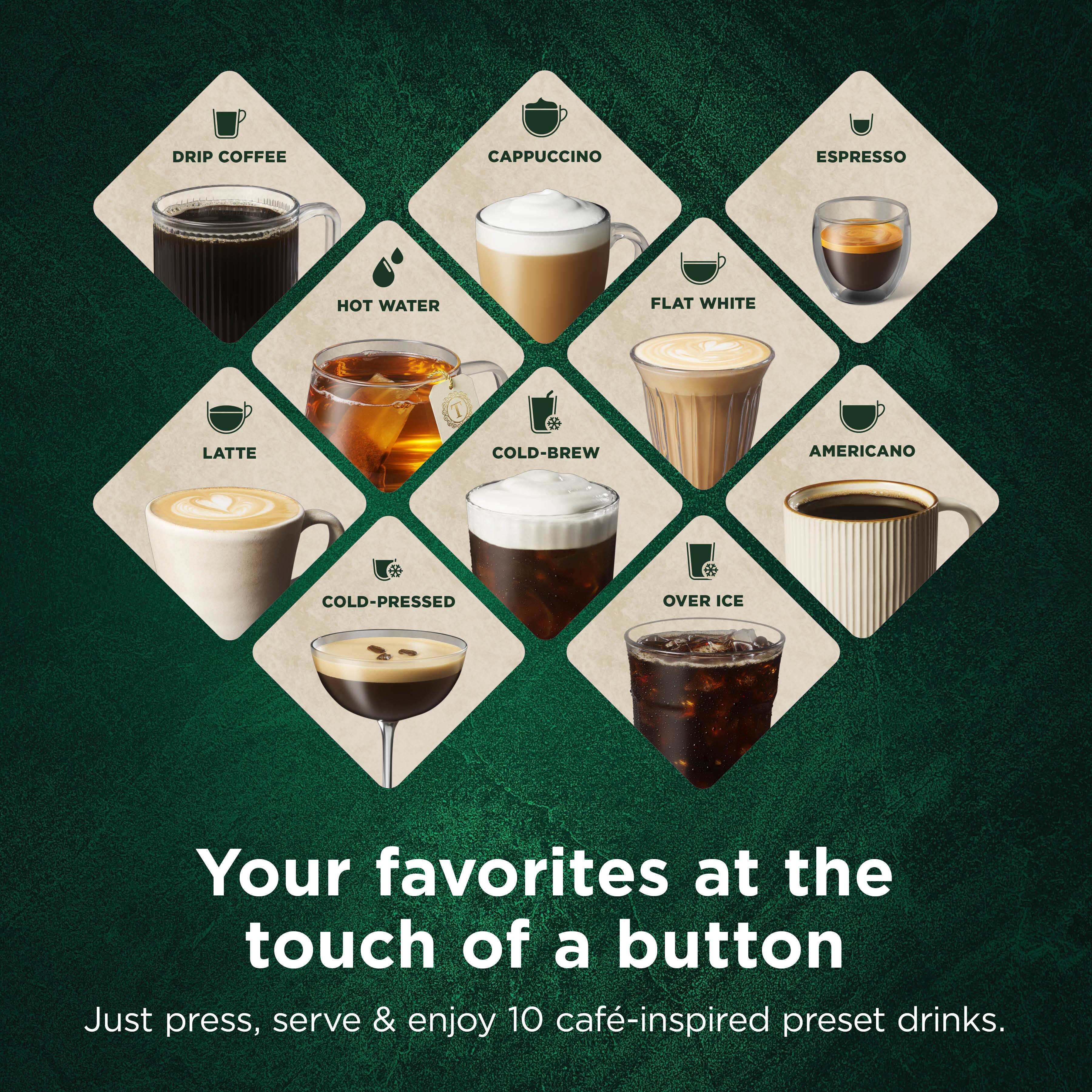 Drip Coffee, Cappuccino, Espresso, Hot Water, Flat White, Latte, Cold-Brew, Americano, Cold-Pressed, Over Ice

Your favorites at the touch of a button

Just press, serve & enjoy 10 café-inspired preset drinks.